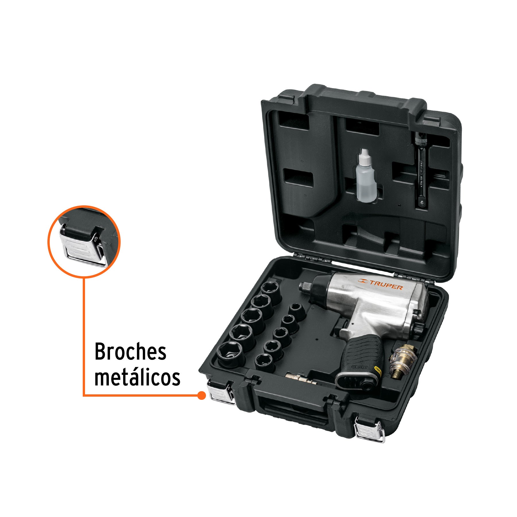 Kit de llave (pistola) de impacto 1/2", estuche plástico