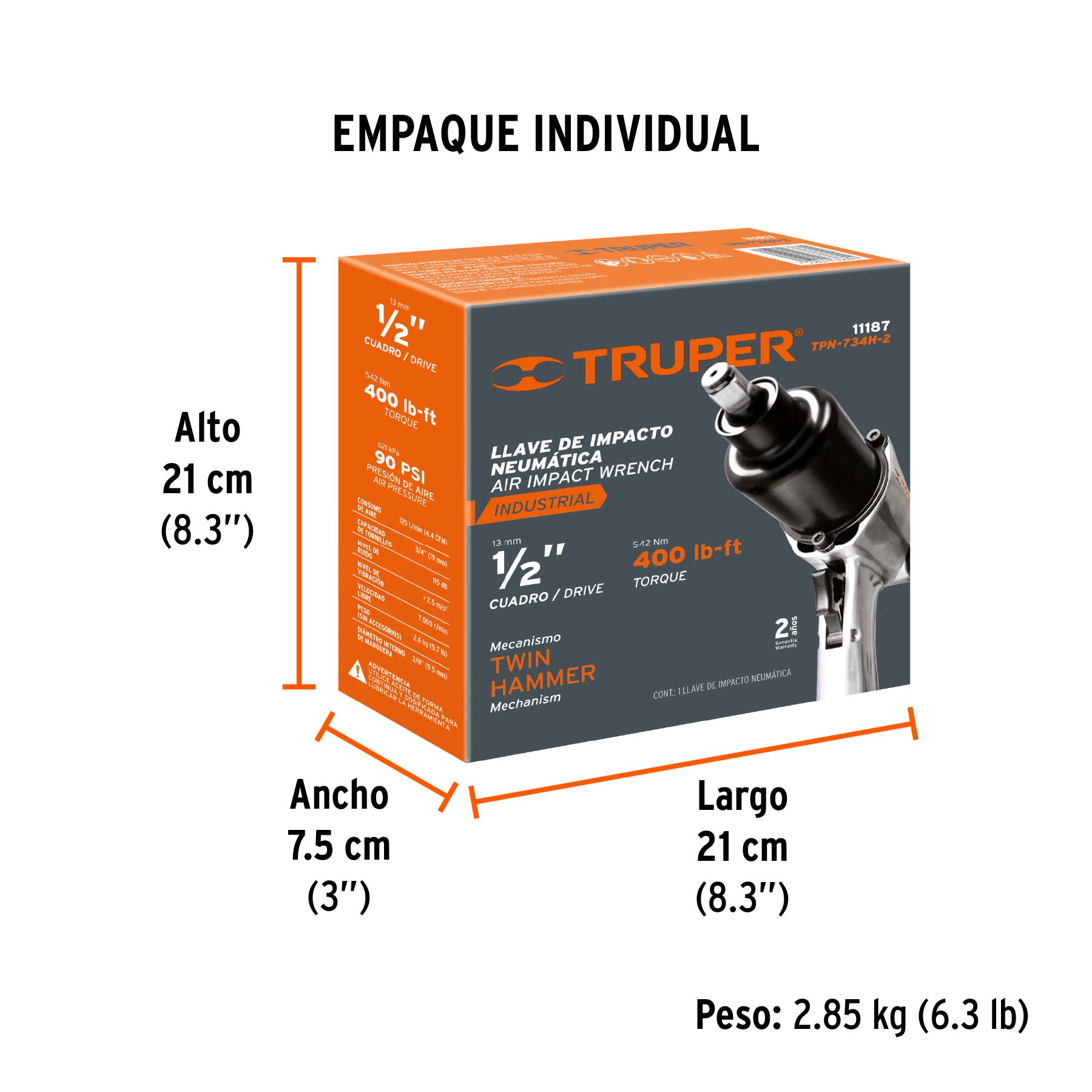 Llave (pistola) de impacto neumática 1/2", ind, TRUPER - Empaque
