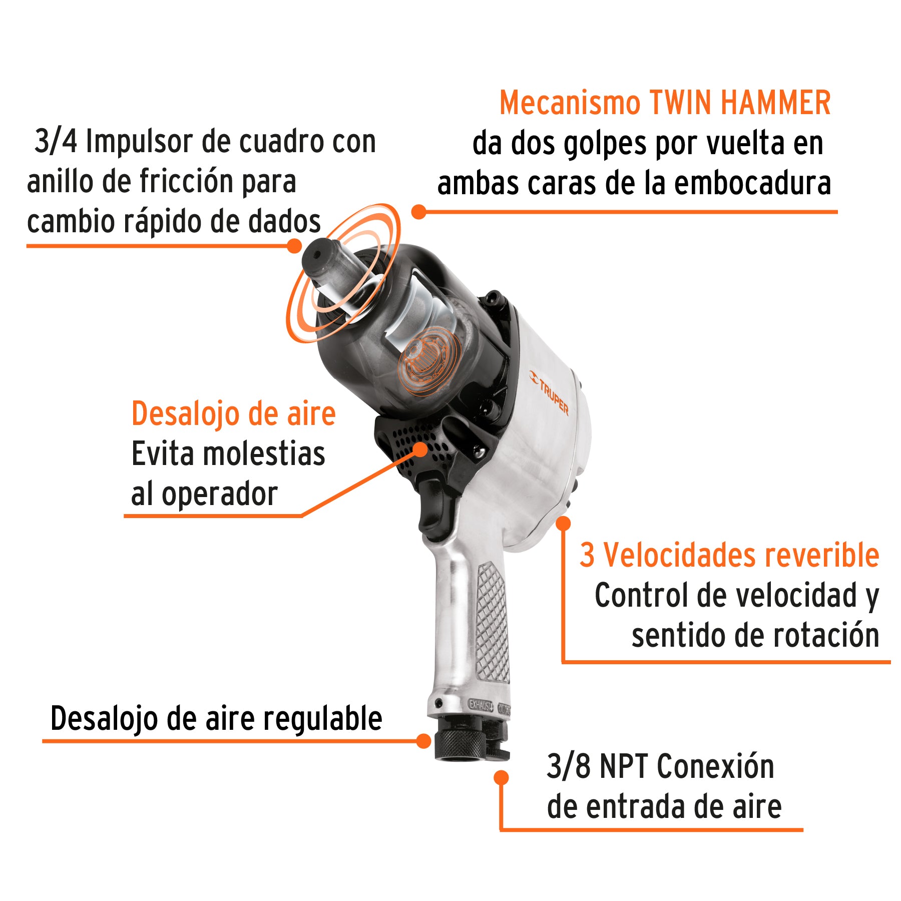 Llave (pistola) de impacto neumática 3/4", ind, TRUPER