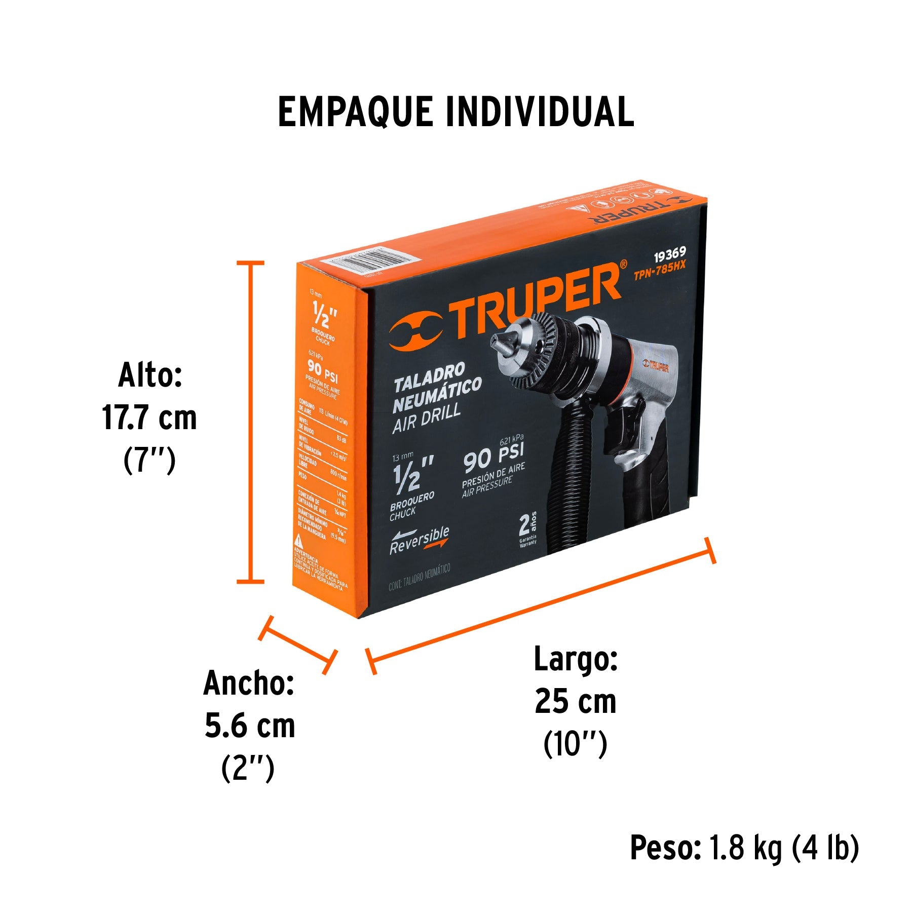 Taladro neumático reversible 1/2", TRUPER - Empaque