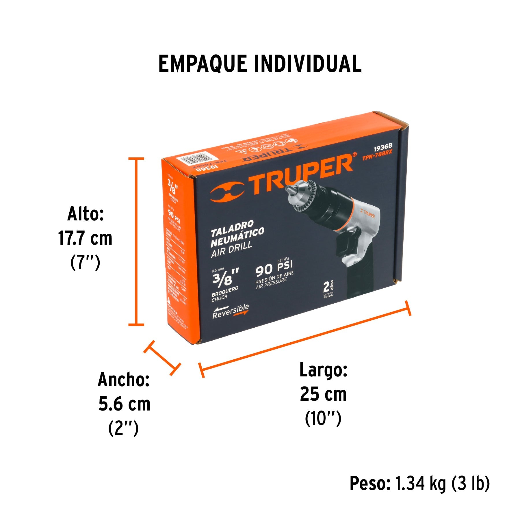 Taladro neumático reversible 3/8", TRUPER - Empaque
