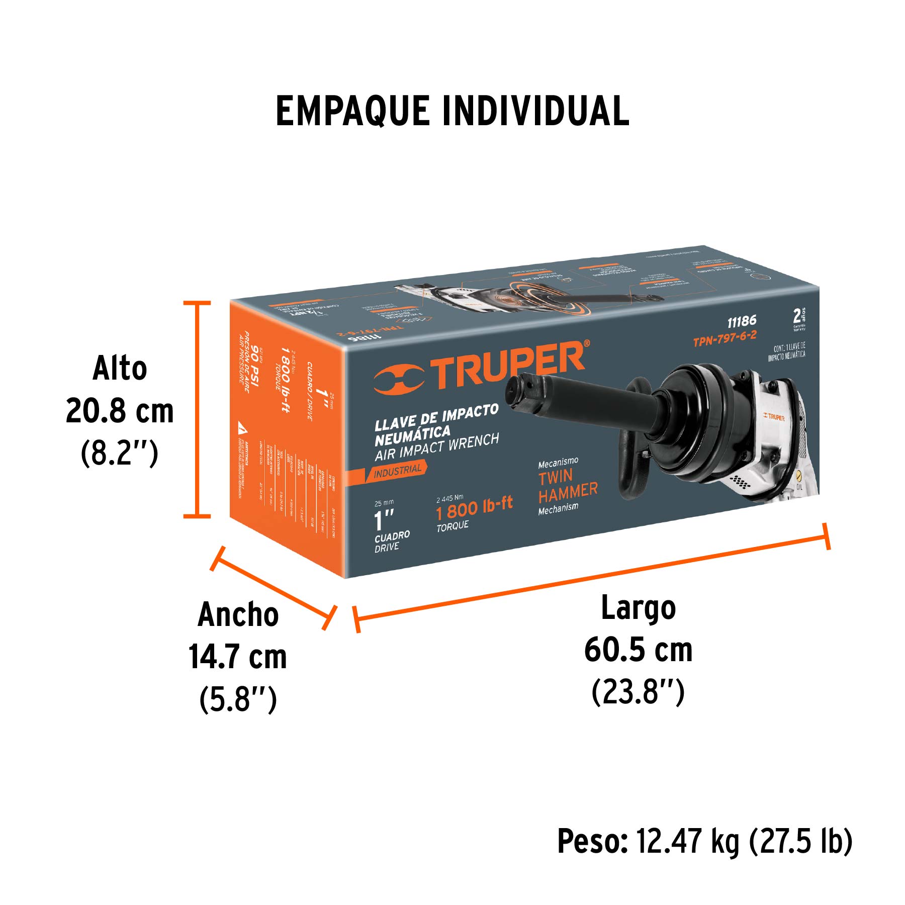 Llave (pistola) de impacto neumática 1", ind, TRUPER - Empaque