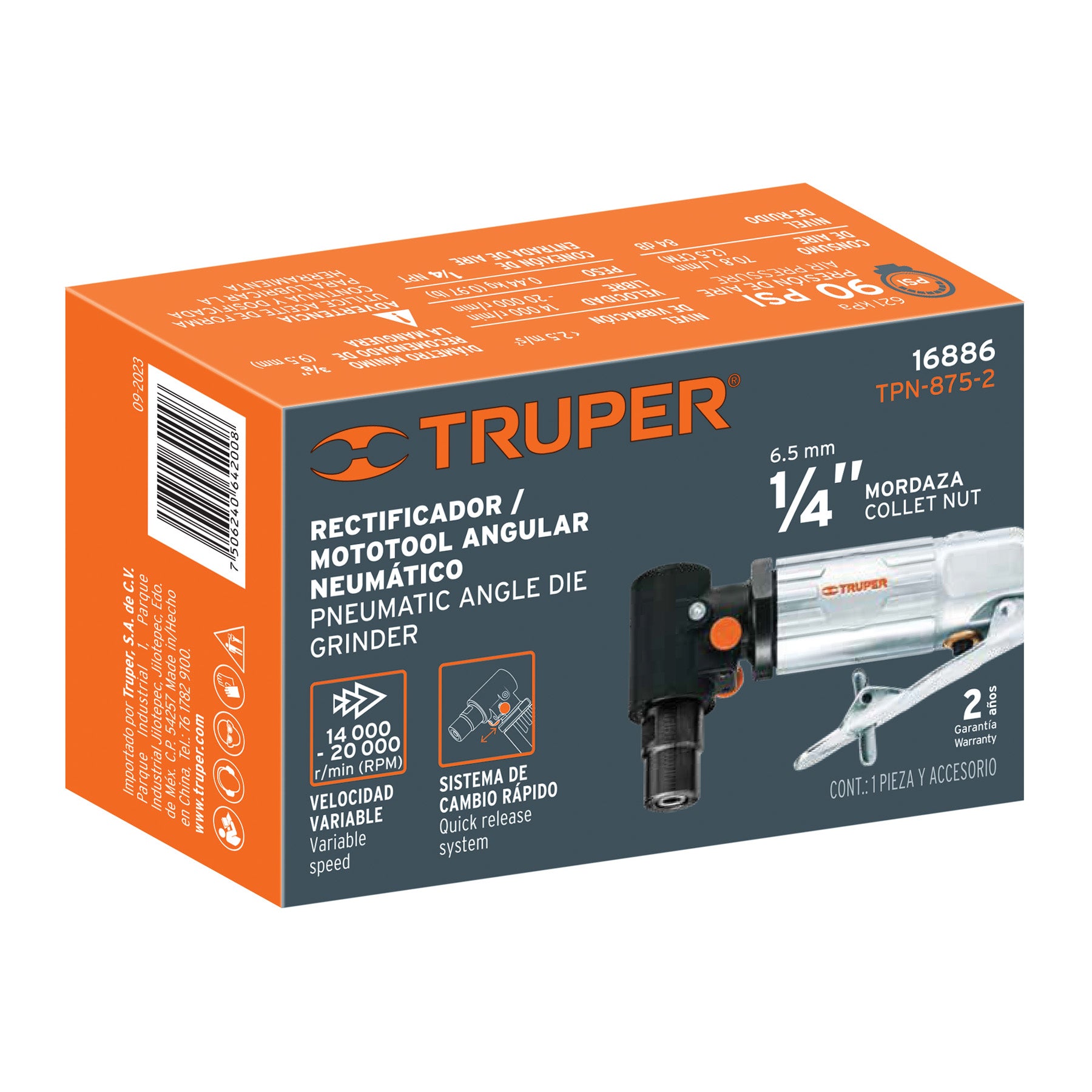 Rectificador neumático 1/4" angular, TRUPER