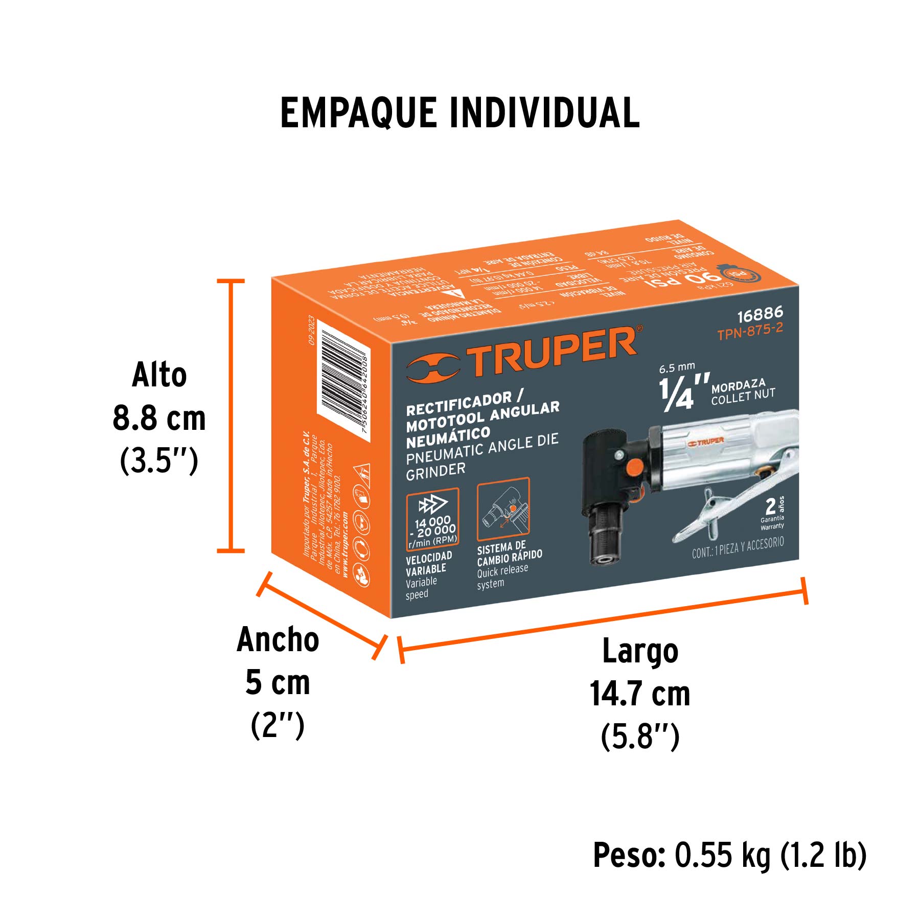Rectificador neumático 1/4" angular, TRUPER - Empaque