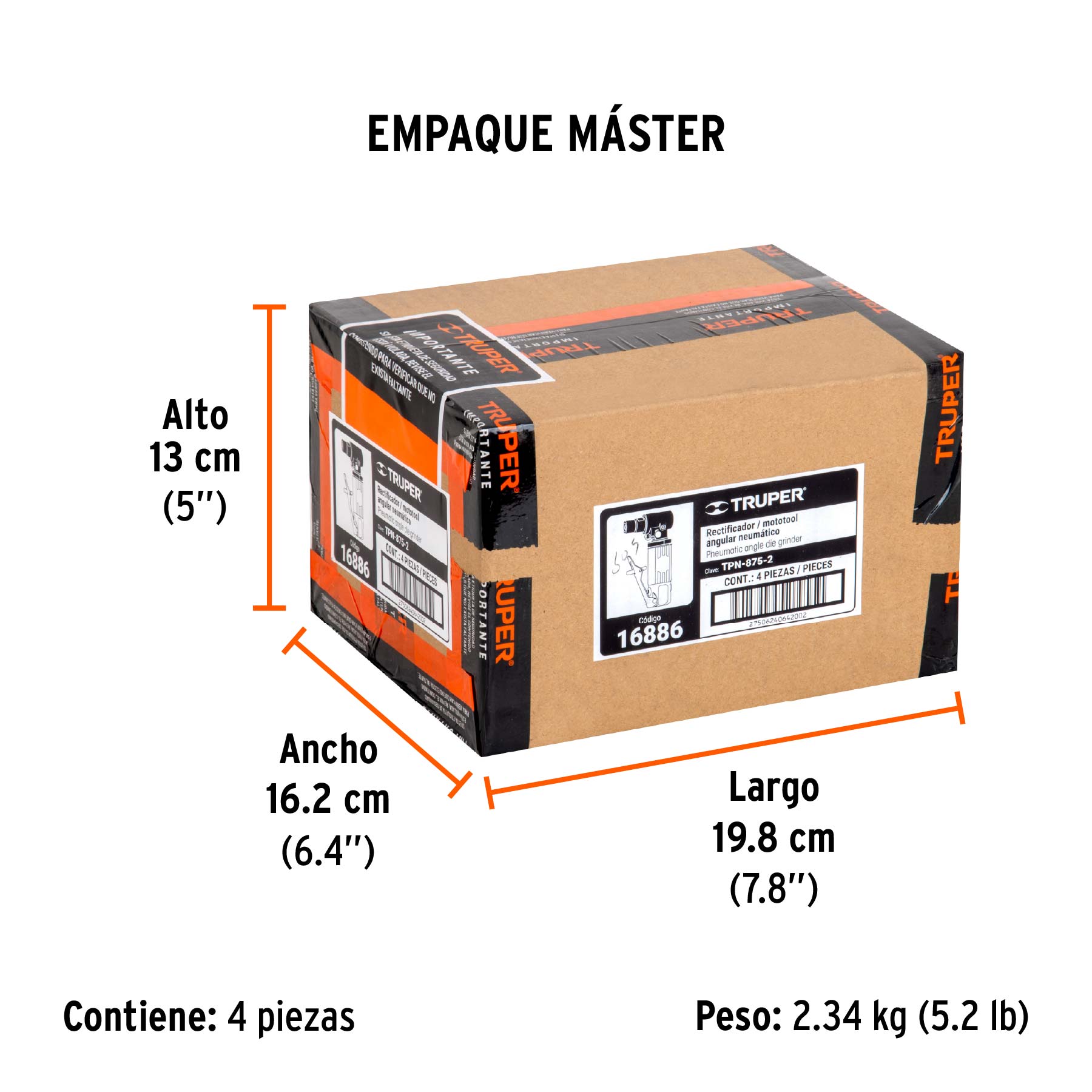 Rectificador neumático 1/4" angular, TRUPER - Empaque