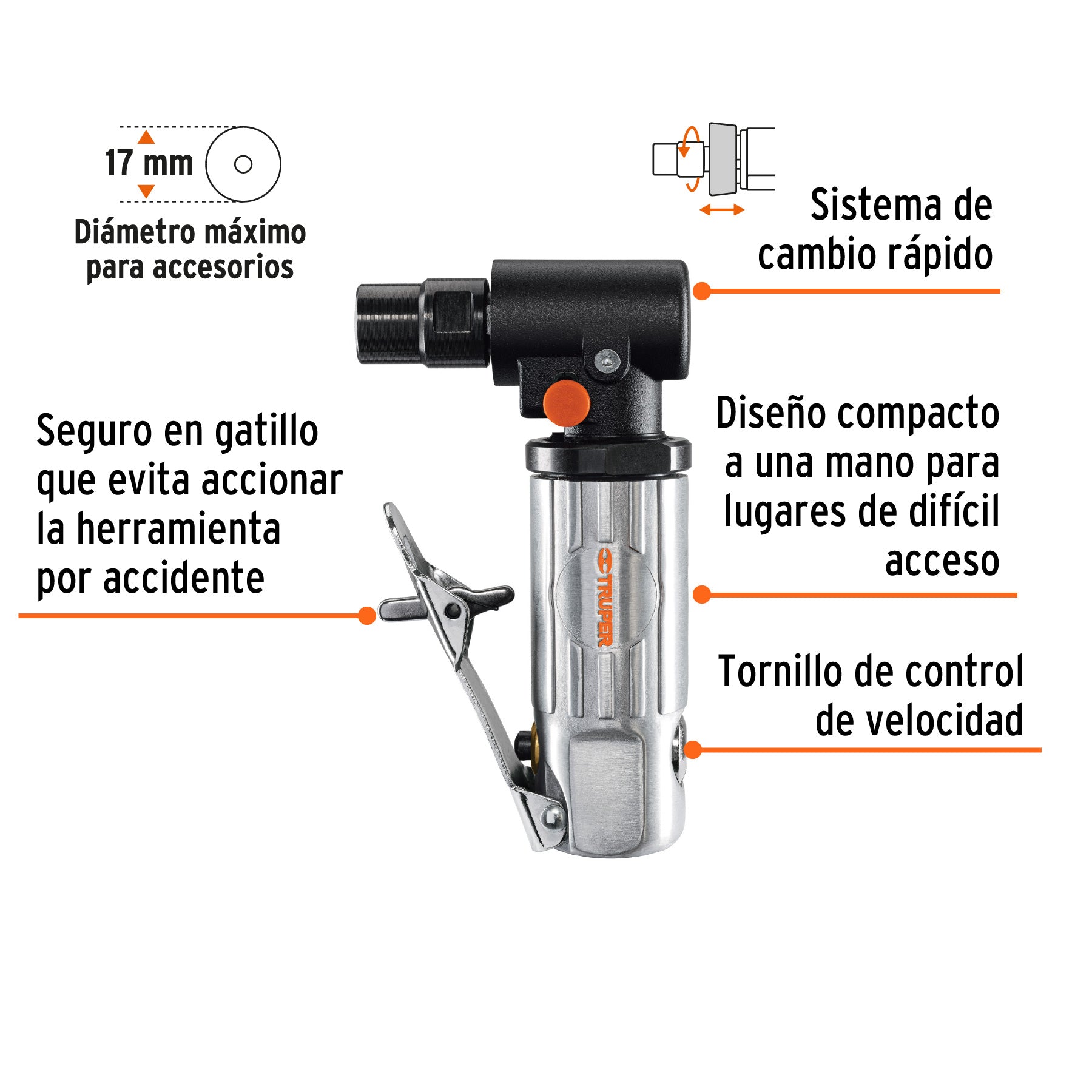 Rectificador neumático 1/4" angular, TRUPER
