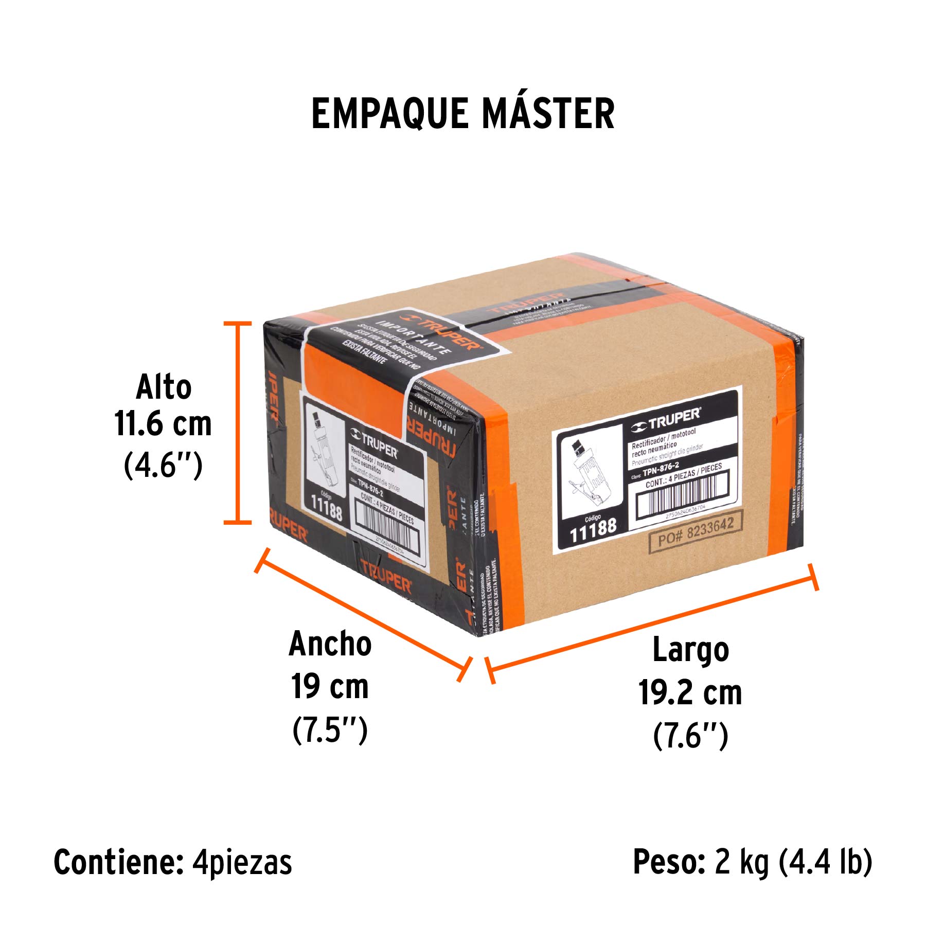 Rectificador neumático 1/4" recto, TRUPER - Empaque