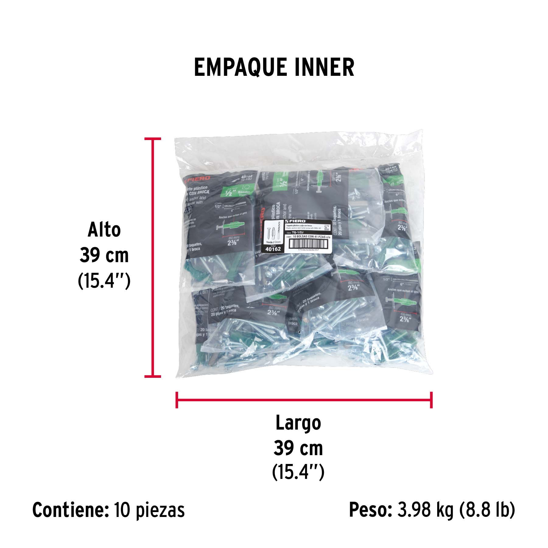 Kit de 20 taquetes 1/2" con pijas #14 y 1 broca 1/2", FIERO - Empaque