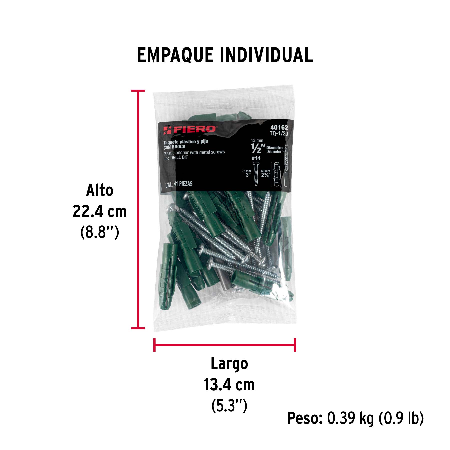 Kit de 20 taquetes 1/2" con pijas #14 y 1 broca 1/2", FIERO - Empaque