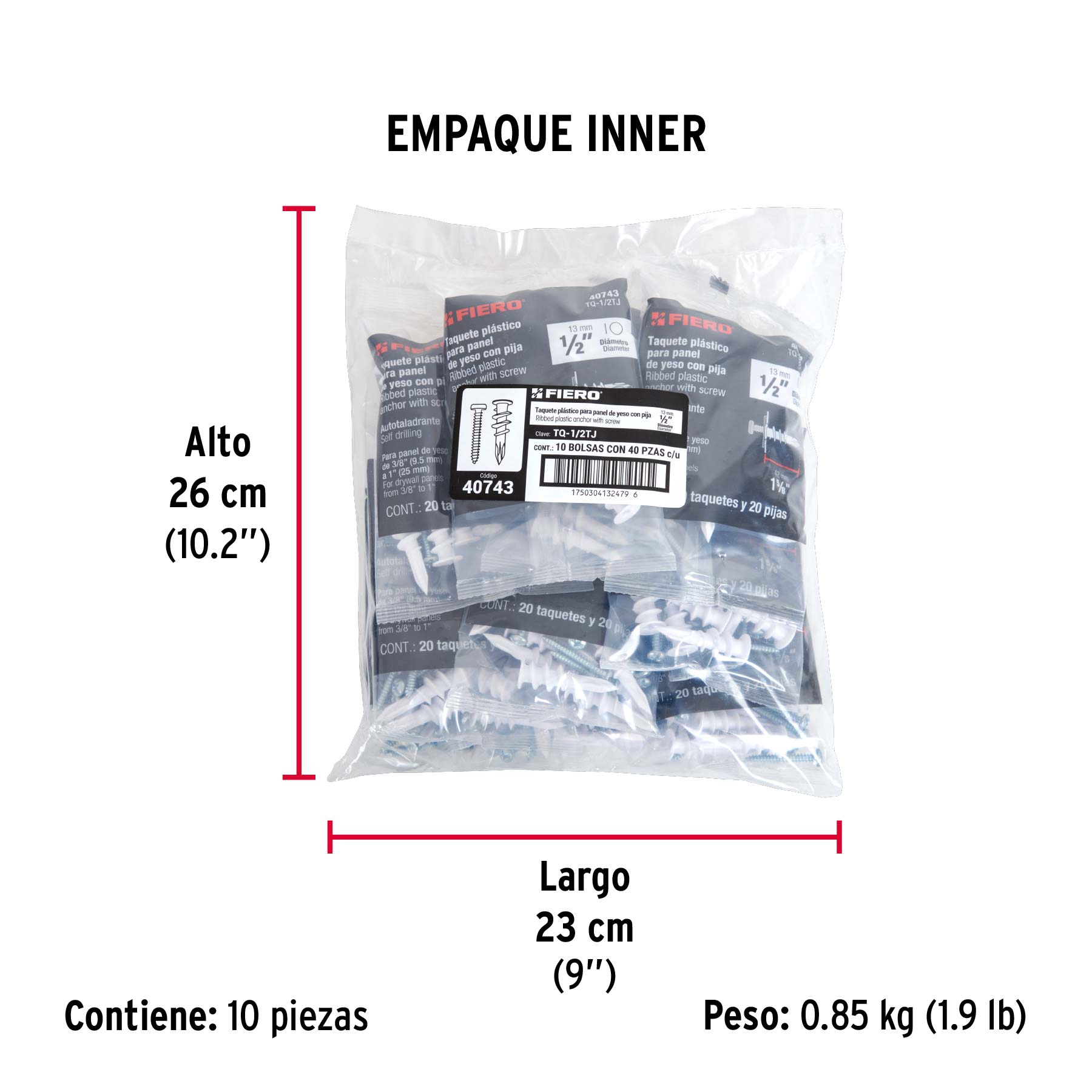 Kit 20 taquetes plásticos 1/2", p/panel de yeso con pijas #8 - Empaque