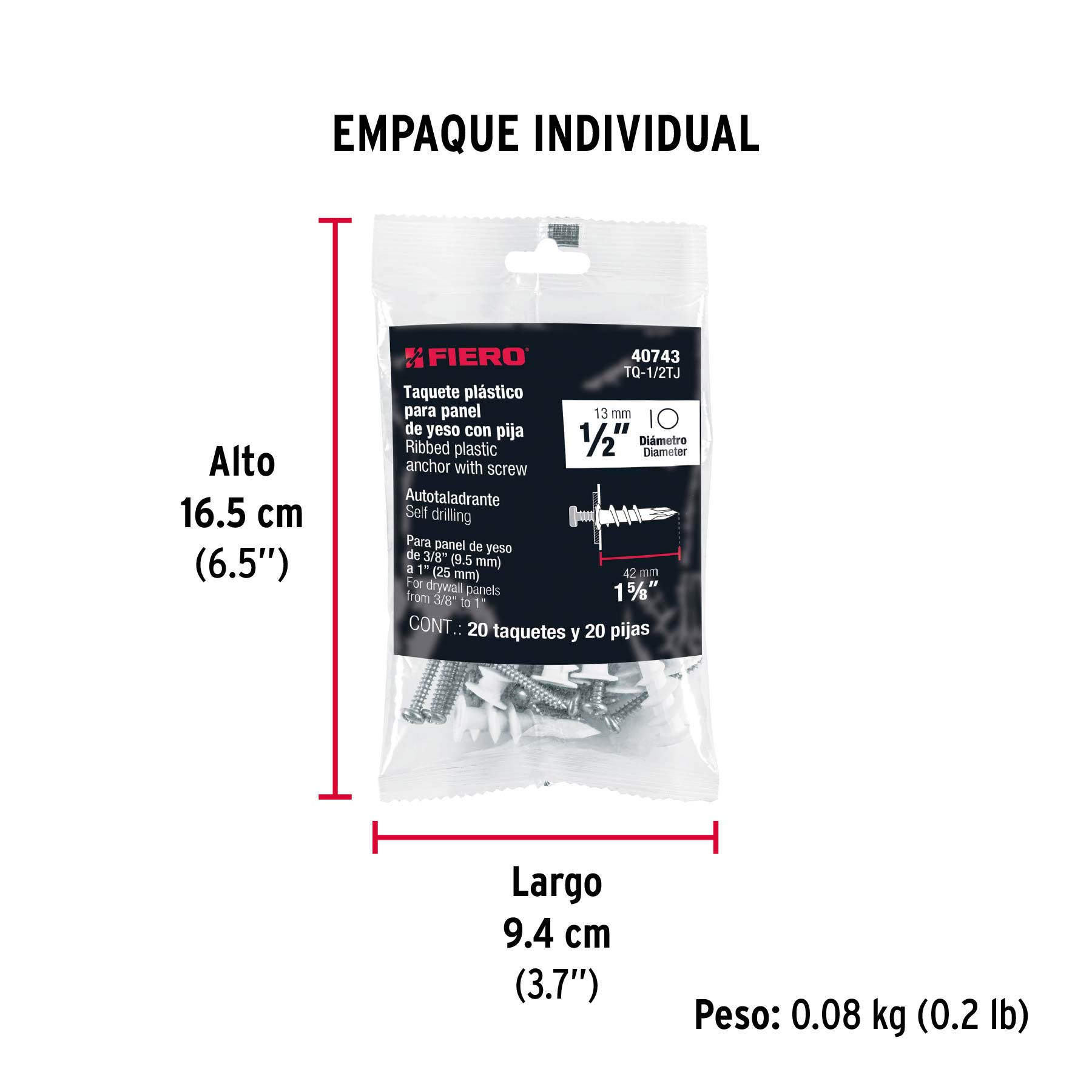 Kit 20 taquetes plásticos 1/2", p/panel de yeso con pijas #8 - Empaque