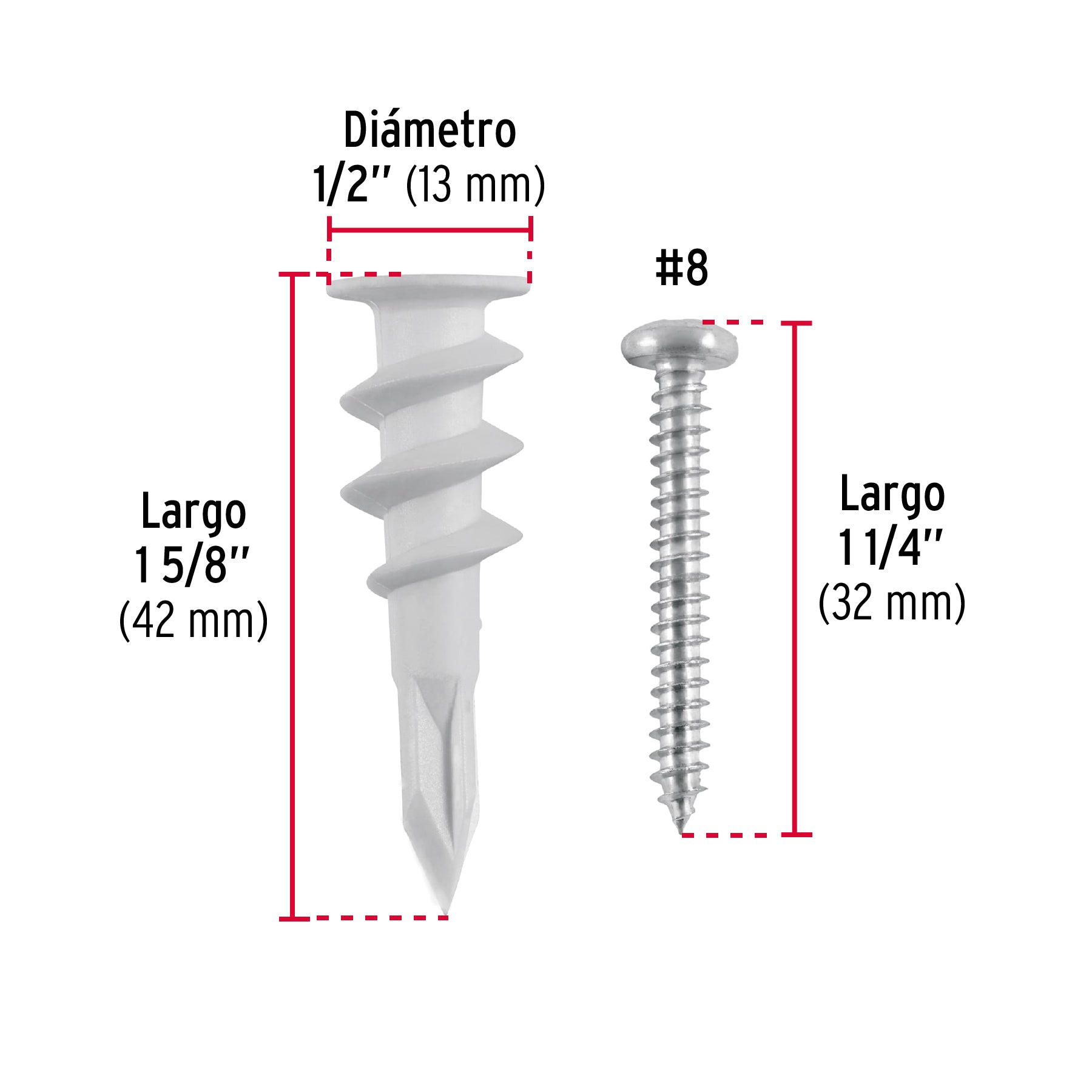 Kit 20 taquetes plásticos 1/2", p/panel de yeso con pijas #8