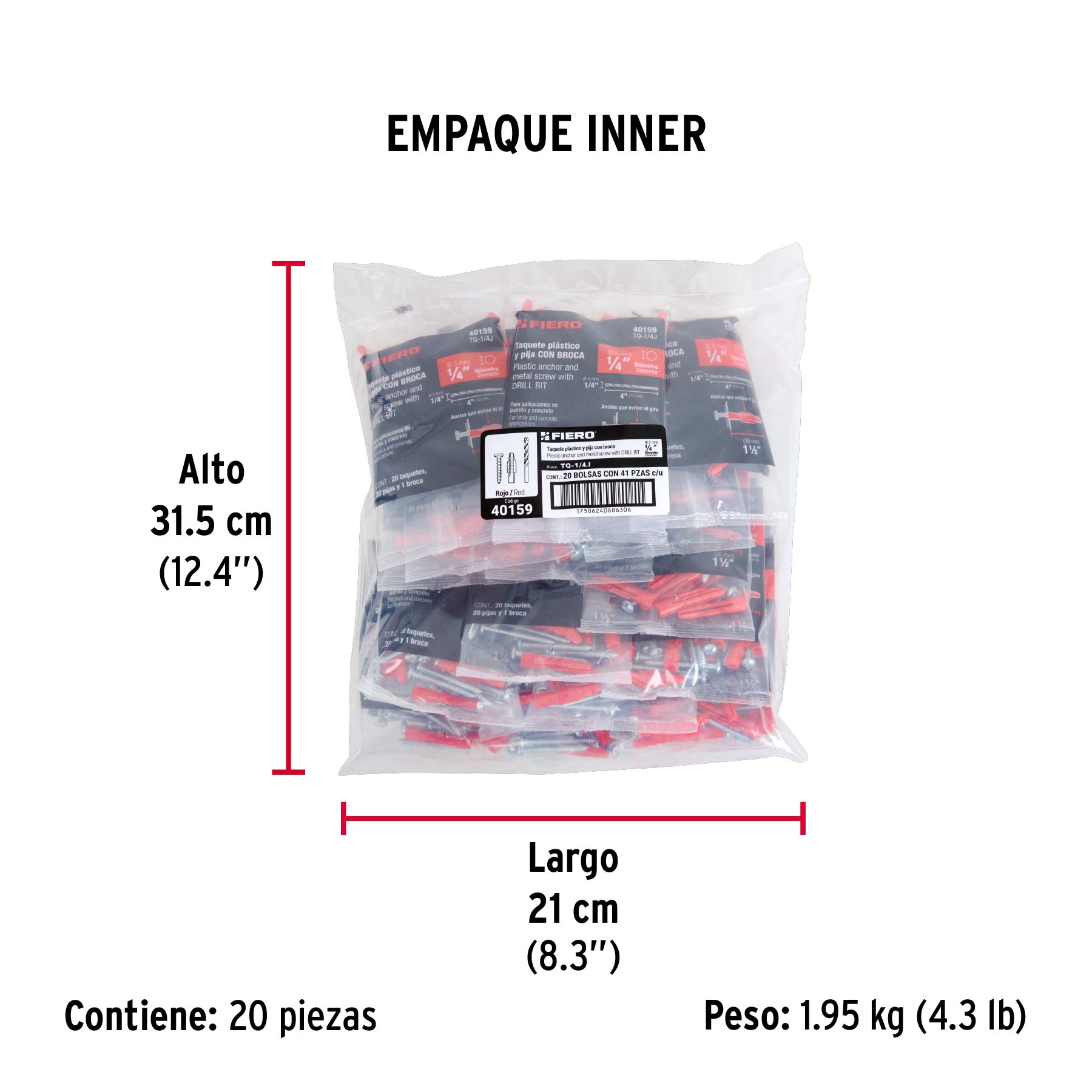 Kit de 20 taquetes 1/4" con pijas #8 y 1 broca 1/4", FIERO - Empaque