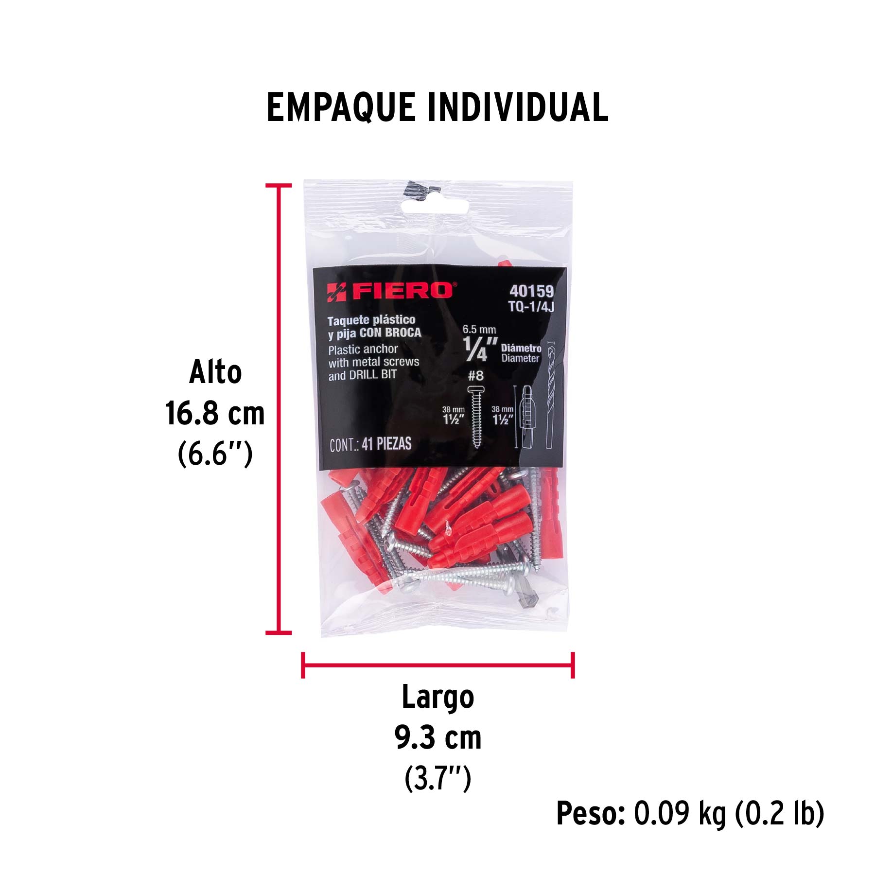 Kit de 20 taquetes 1/4" con pijas #8 y 1 broca 1/4", FIERO - Empaque
