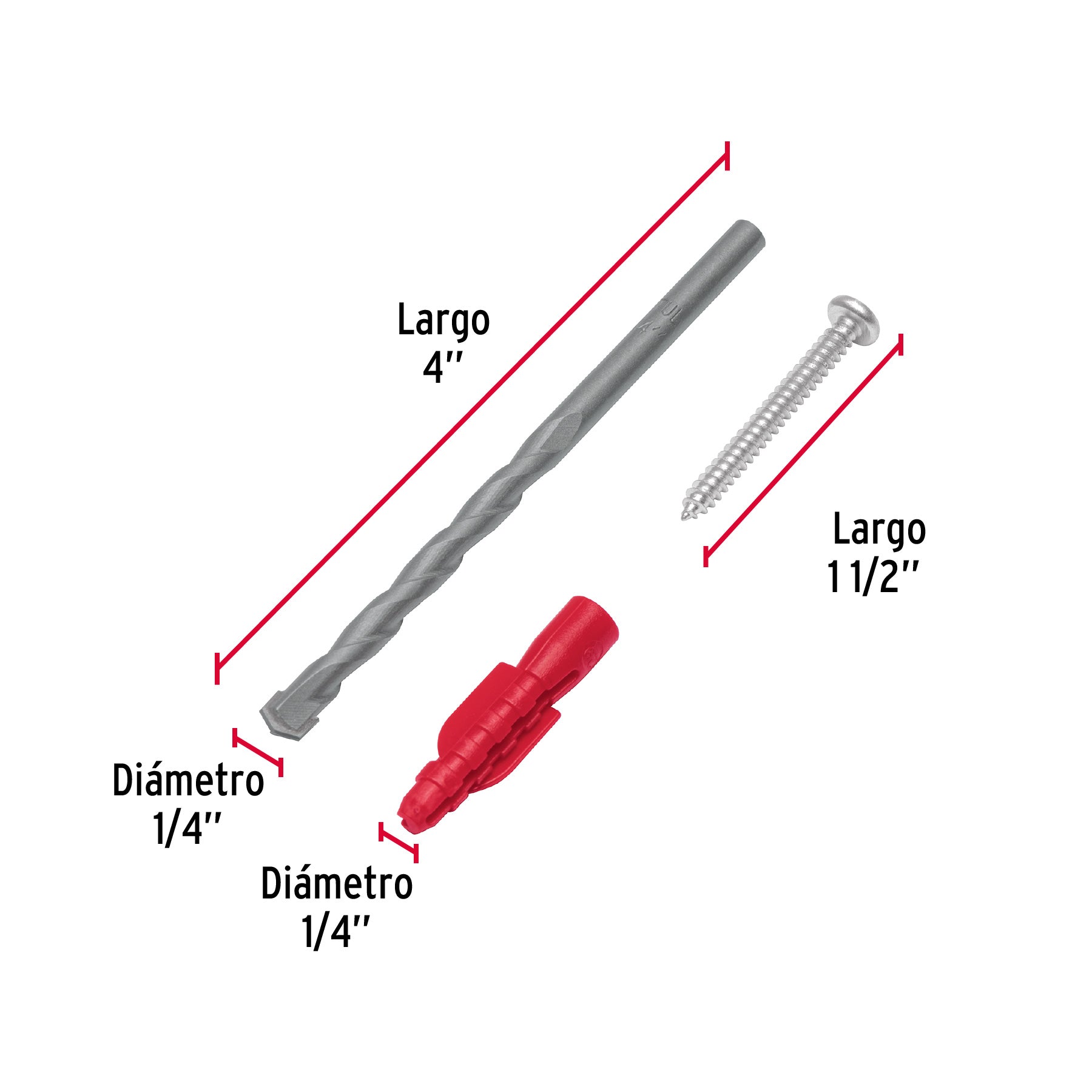 Kit de 20 taquetes 1/4" con pijas #8 y 1 broca 1/4", FIERO