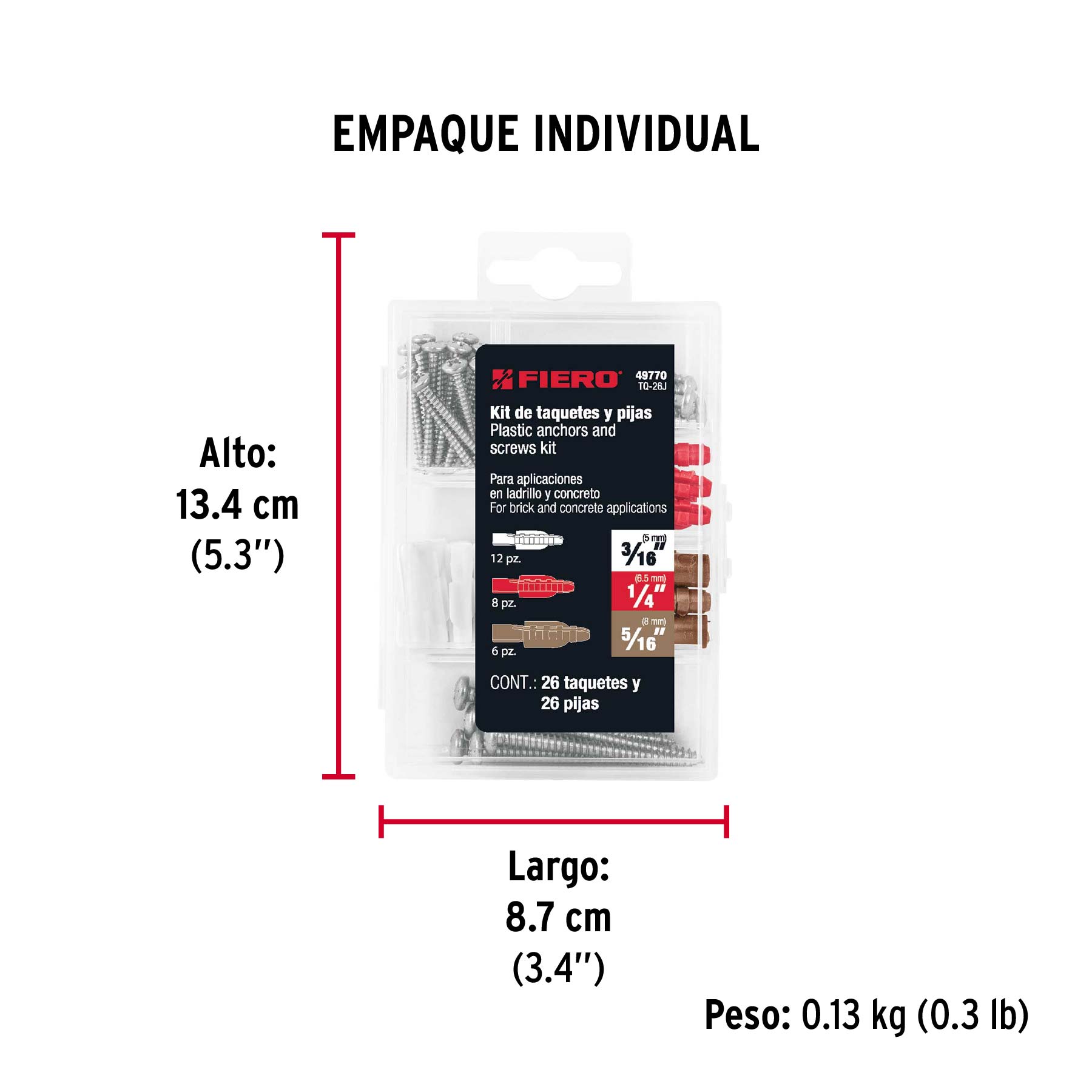 Estuche 26 taquetes 3/16", 1/4", 5/16", c/pijas #6, #8, #10 - Empaque