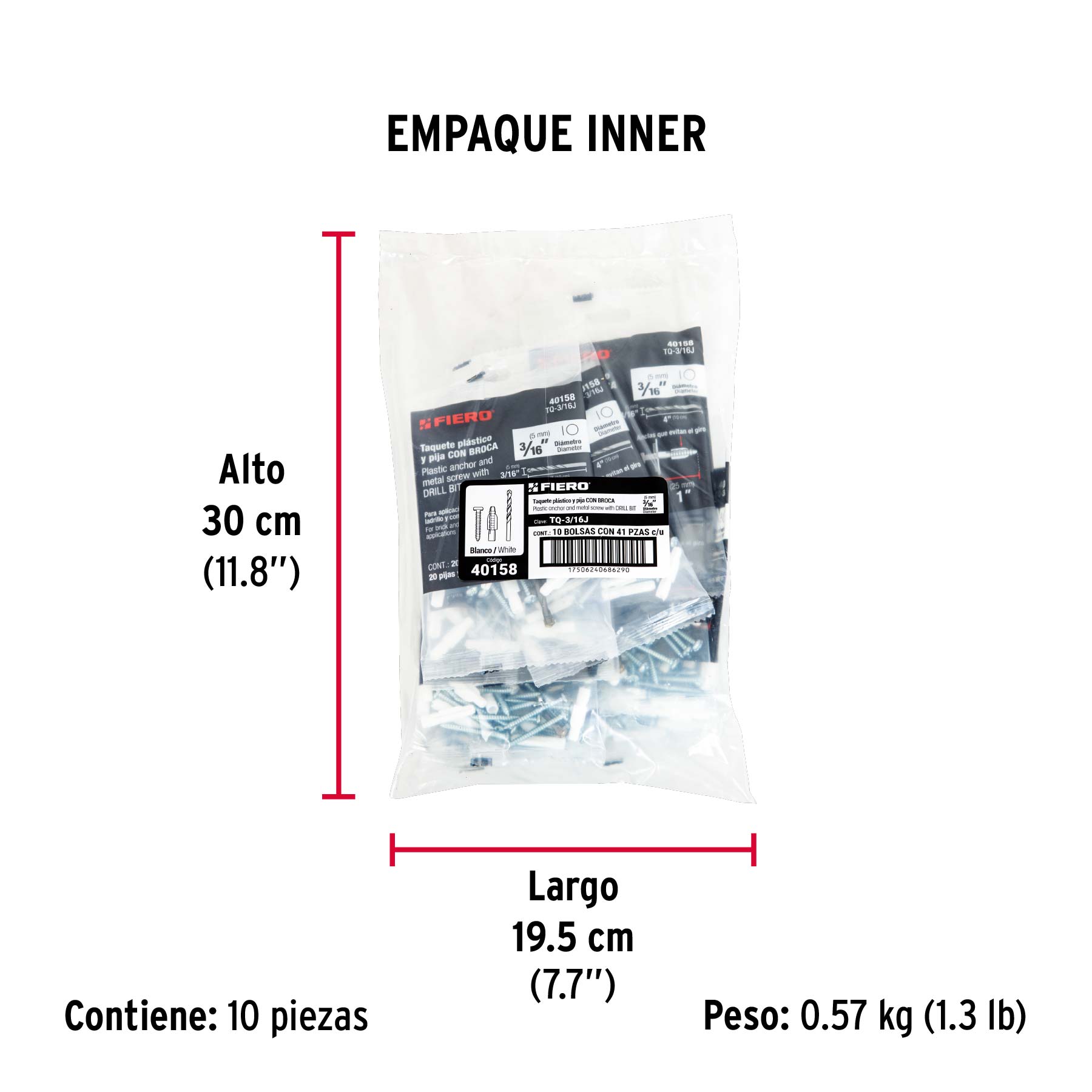 Kit de 20 taquetes 3/16" con pijas #6 y 1 broca 3/16", FIERO - Empaque