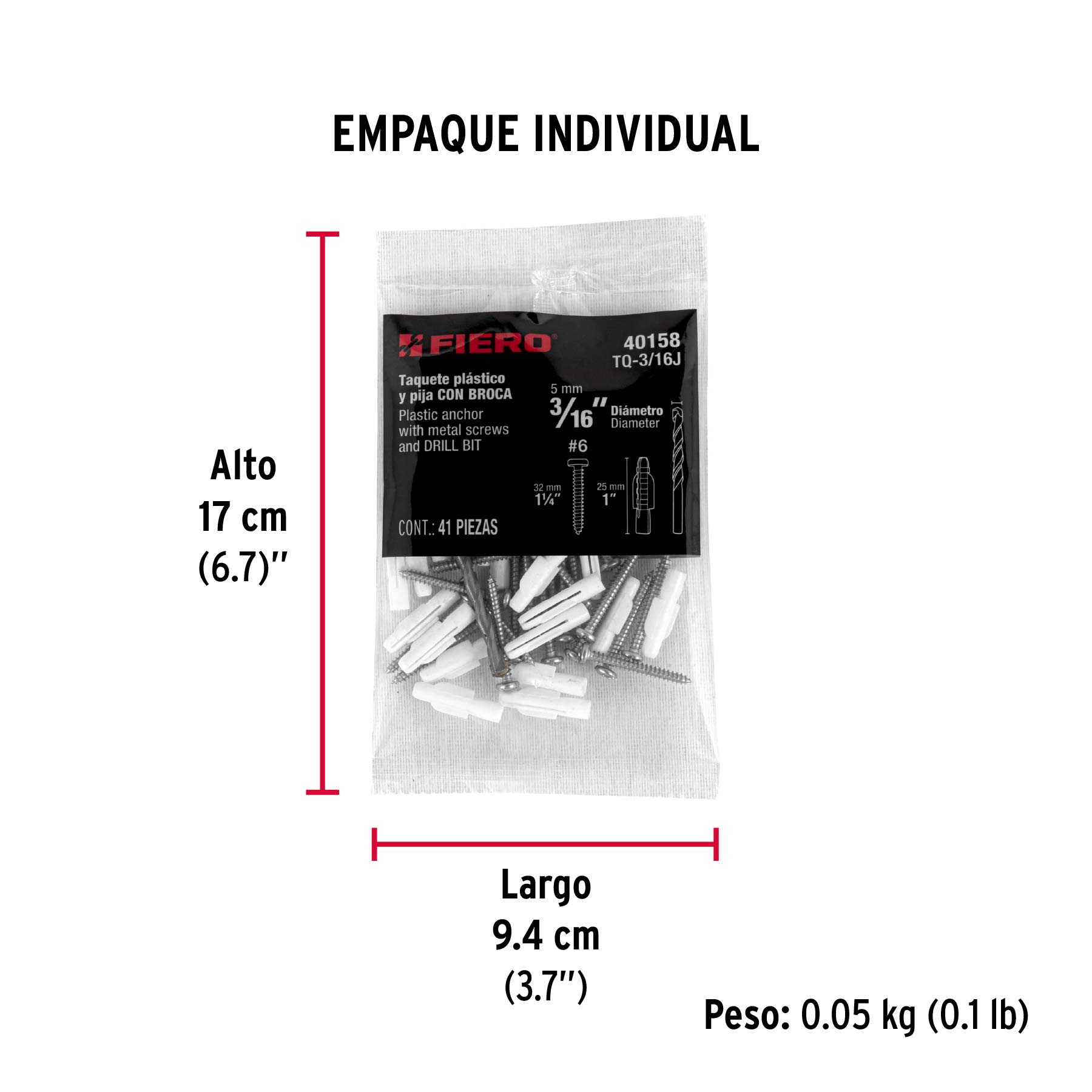 Kit de 20 taquetes 3/16" con pijas #6 y 1 broca 3/16", FIERO - Empaque