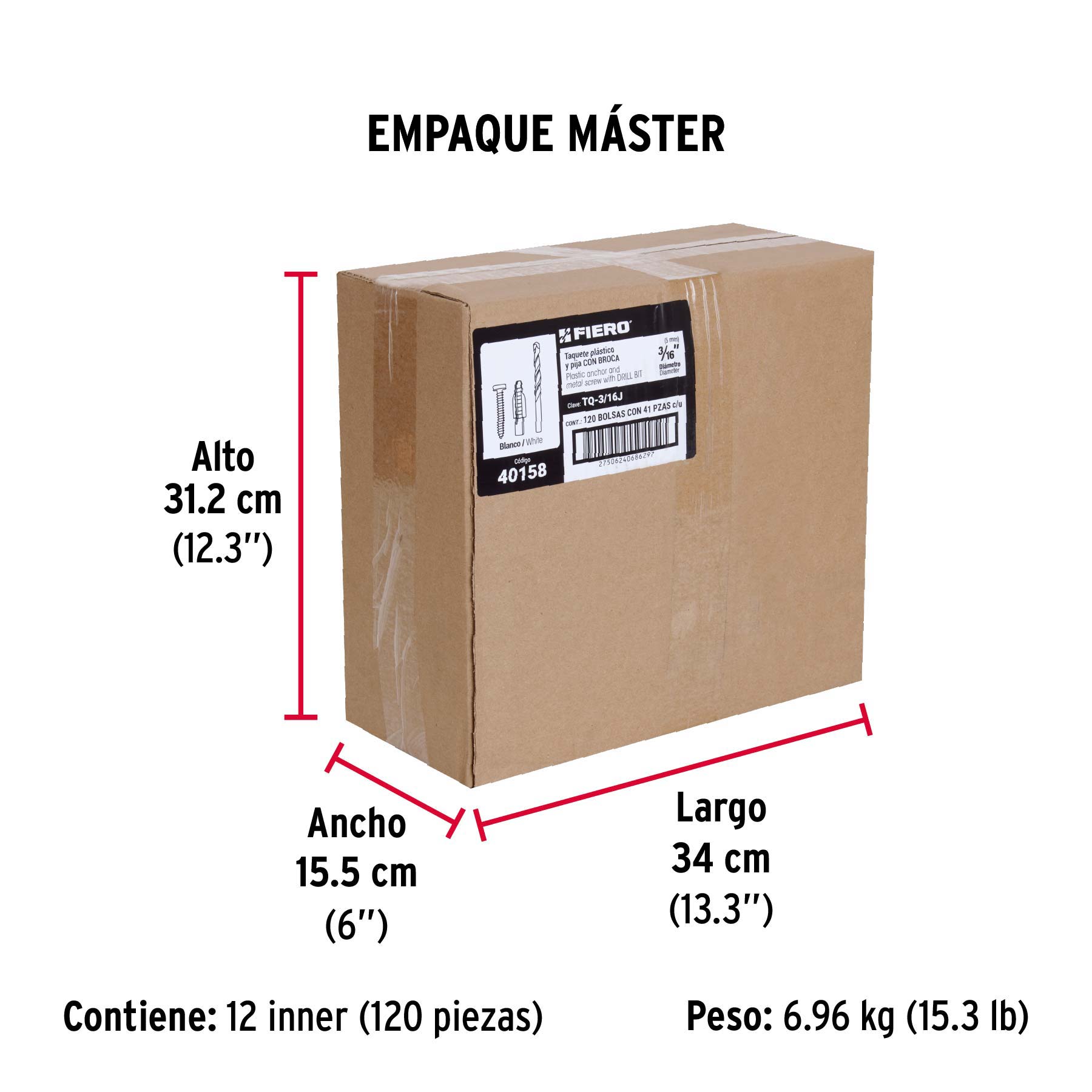 Kit de 20 taquetes 3/16" con pijas #6 y 1 broca 3/16", FIERO - Empaque