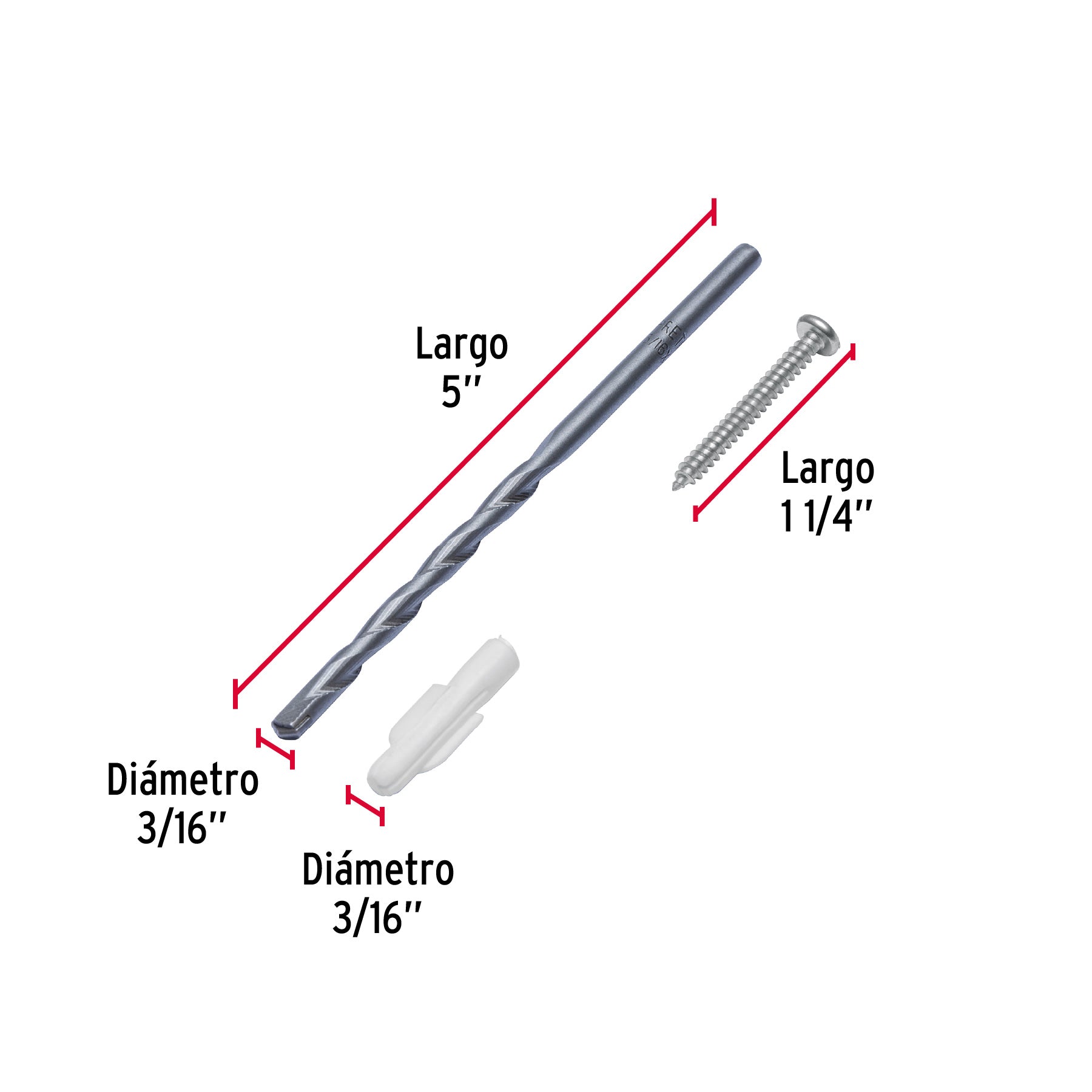 Kit de 20 taquetes 3/16" con pijas #6 y 1 broca 3/16", FIERO