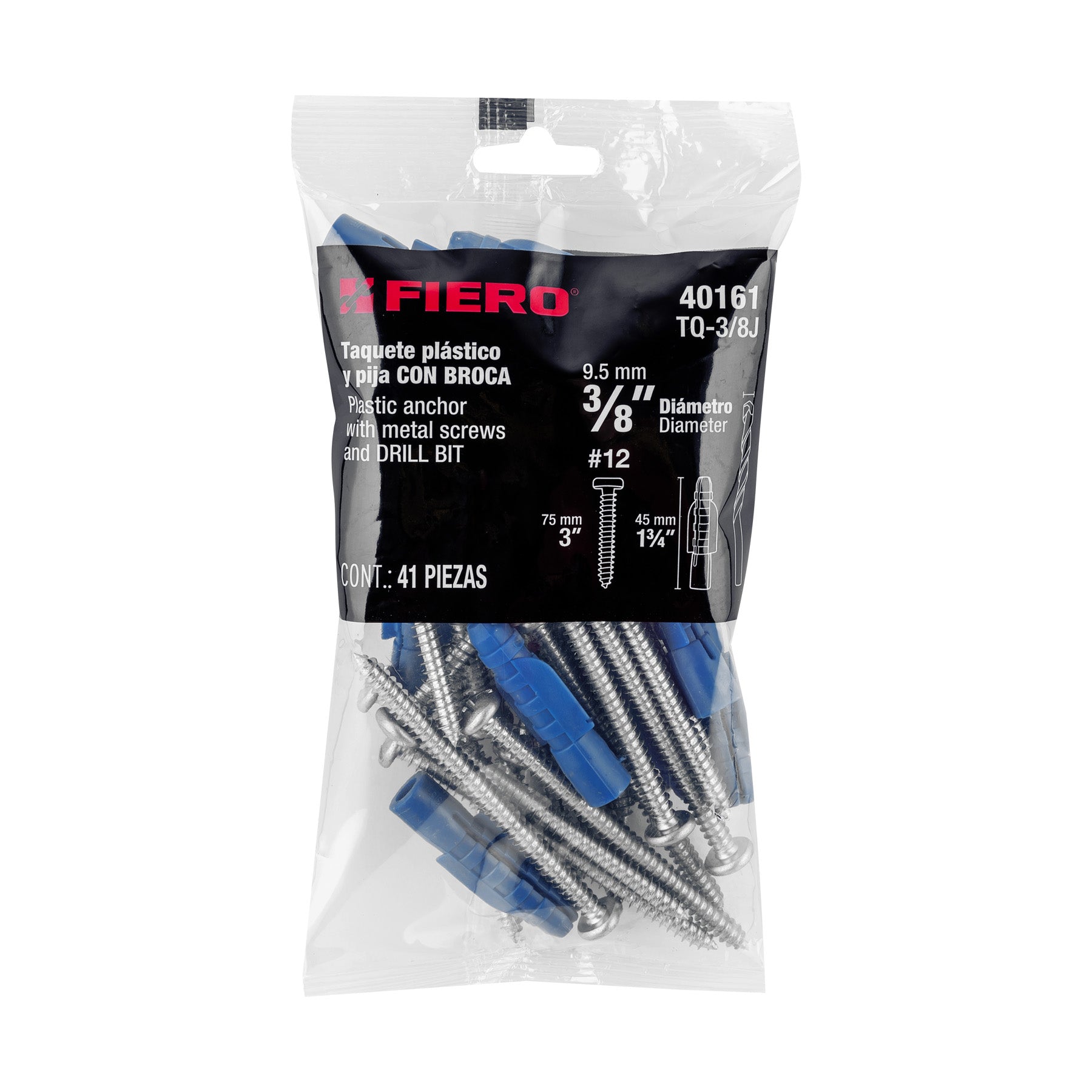 Kit de 20 taquetes 3/8" con pijas #12 y 1 broca 3/8", FIERO