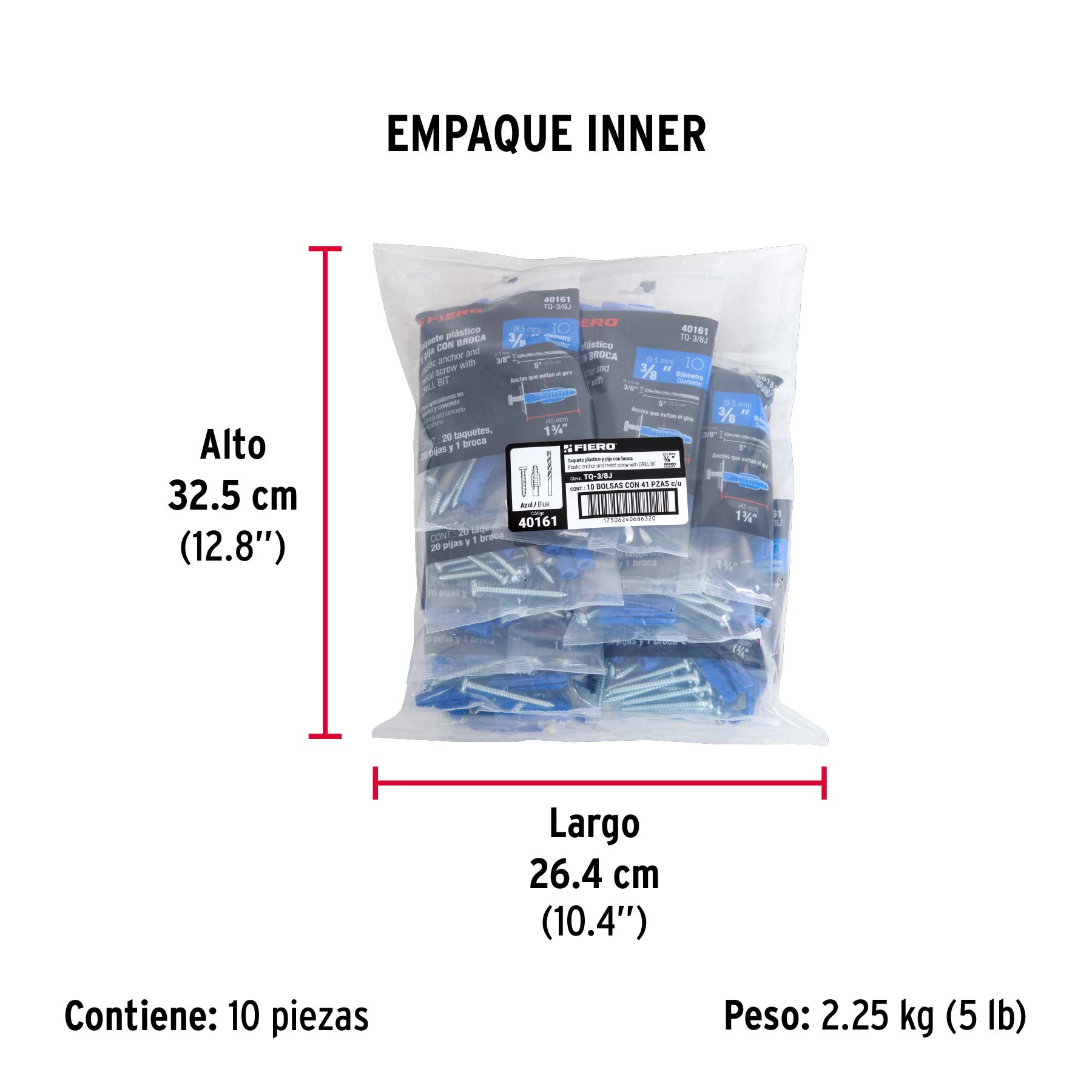 Kit de 20 taquetes 3/8" con pijas #12 y 1 broca 3/8", FIERO - Empaque