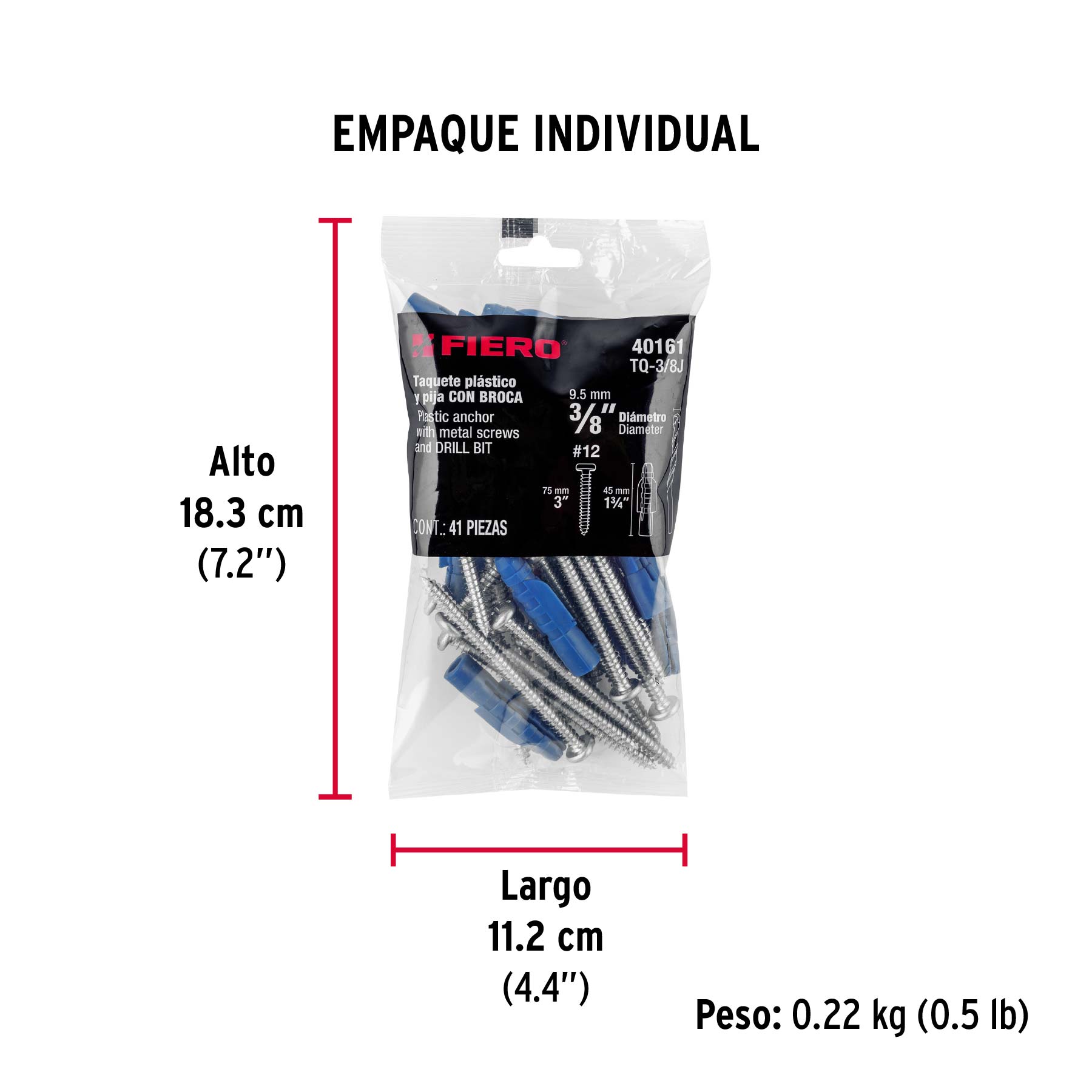 Kit de 20 taquetes 3/8" con pijas #12 y 1 broca 3/8", FIERO - Empaque