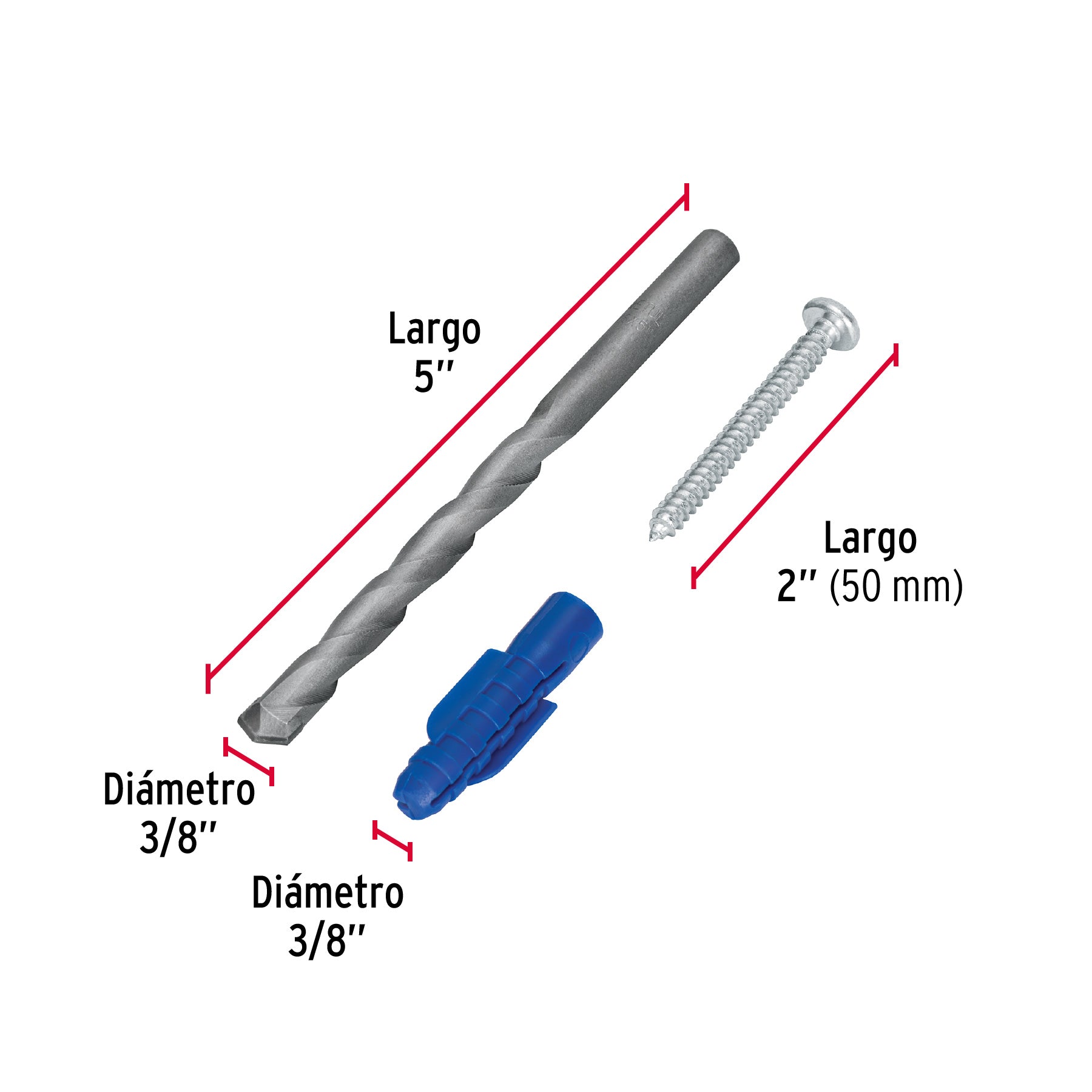 Kit de 20 taquetes 3/8" con pijas #12 y 1 broca 3/8", FIERO