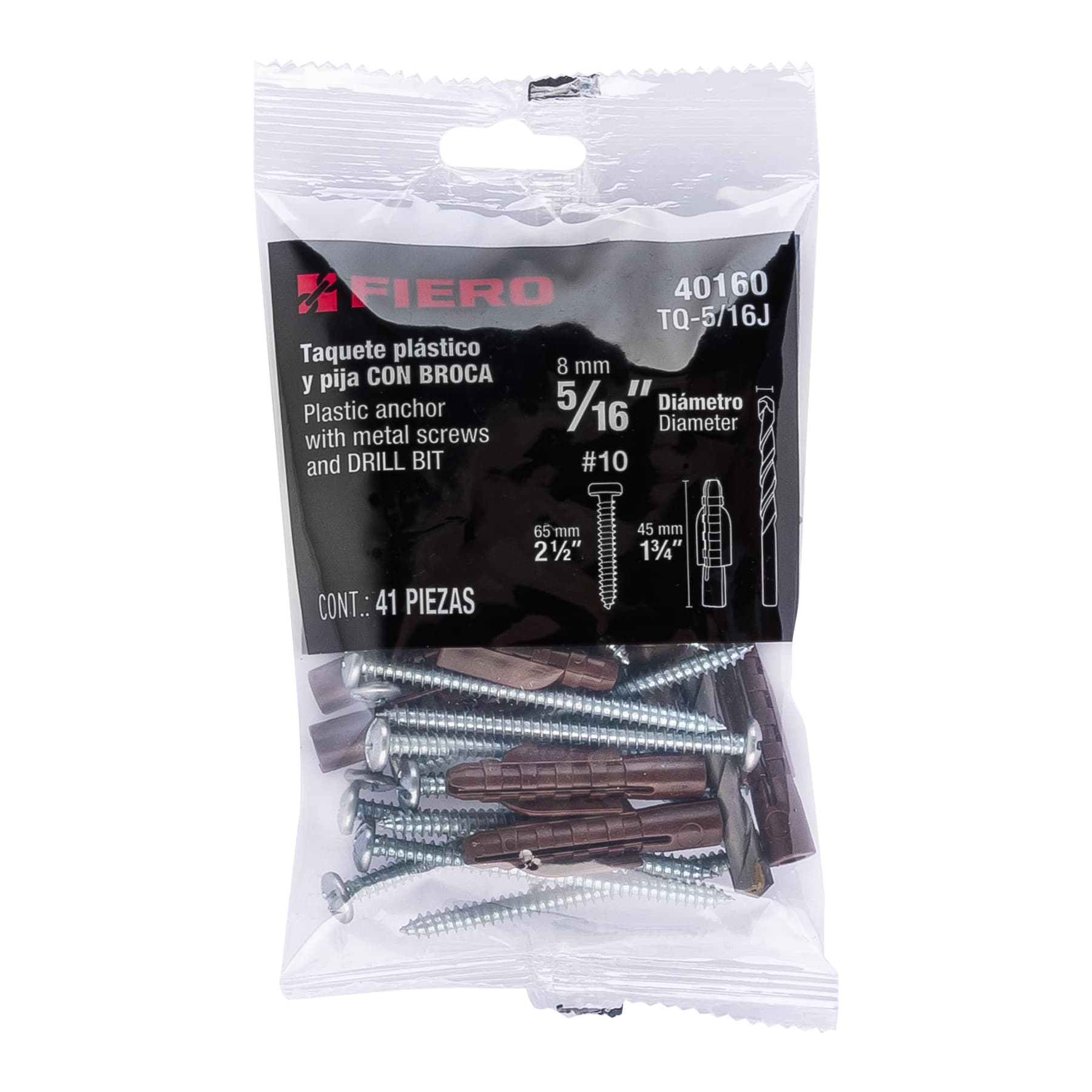 Kit de 20 taquetes 5/16"con pijas #10 y 1 broca 5/16", FIERO