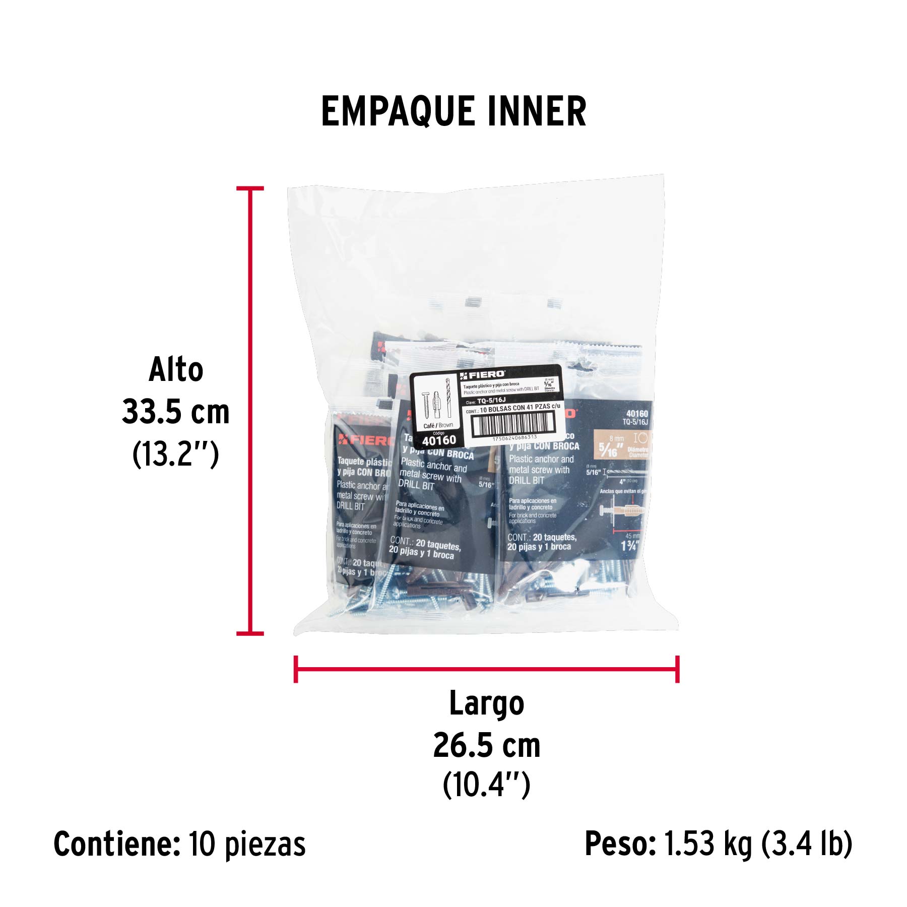 Kit de 20 taquetes 5/16"con pijas #10 y 1 broca 5/16", FIERO - Empaque