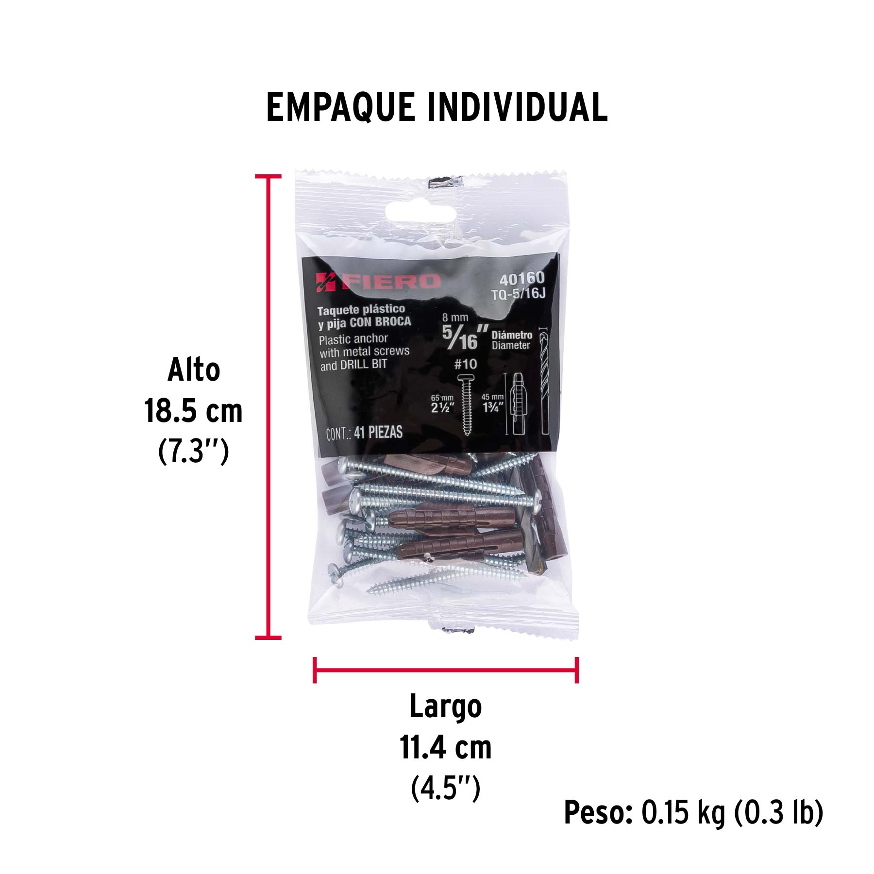 Kit de 20 taquetes 5/16"con pijas #10 y 1 broca 5/16", FIERO - Empaque