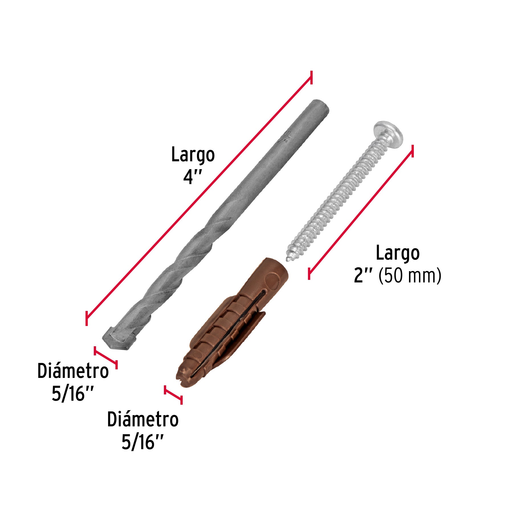 Kit de 20 taquetes 5/16"con pijas #10 y 1 broca 5/16", FIERO