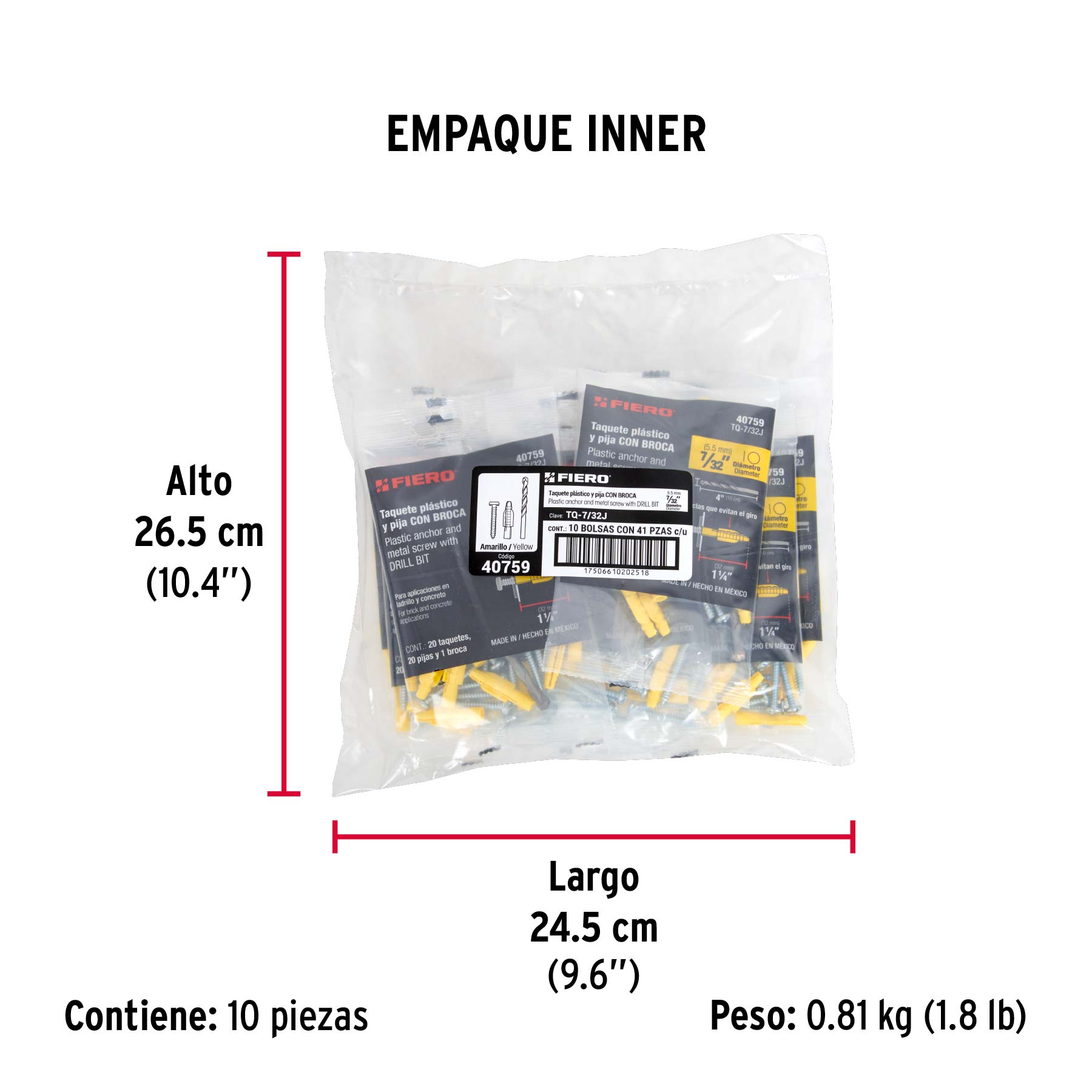 Kit de 20 taquetes 7/32" con pijas #8 y 1 broca 1/4", FIERO - Empaque