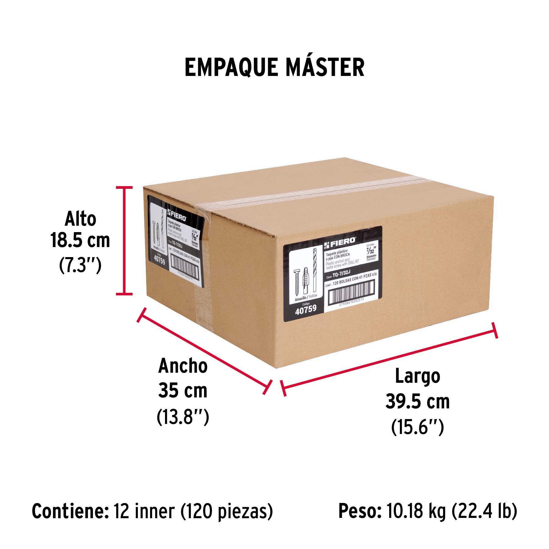 Kit de 20 taquetes 7/32" con pijas #8 y 1 broca 1/4", FIERO - Empaque