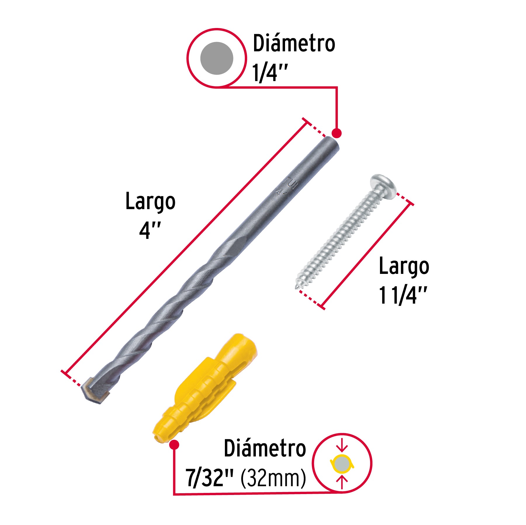 Kit de 20 taquetes 7/32" con pijas #8 y 1 broca 1/4", FIERO