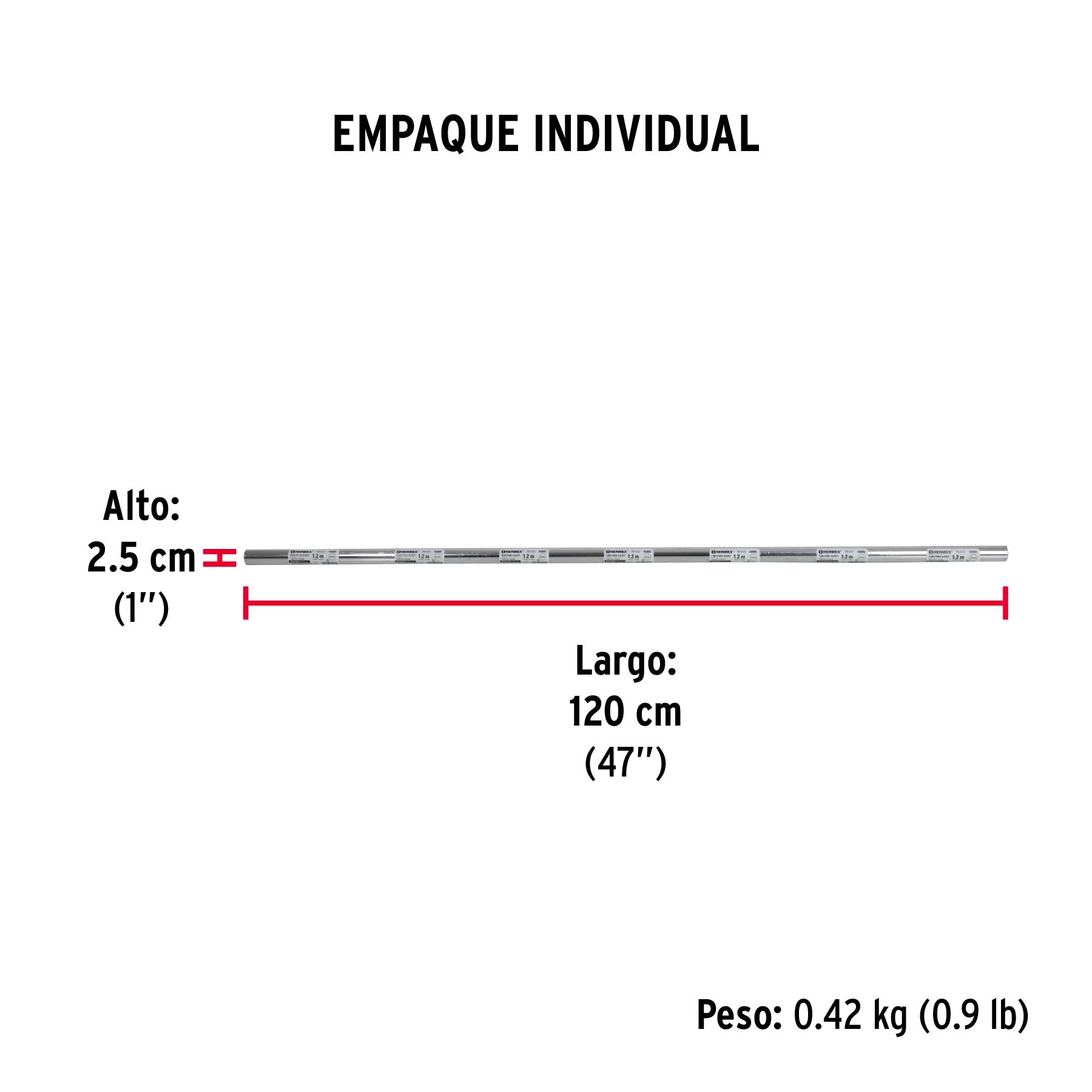Tubo redondo para clóset,1.2 m, acero cromado, HERMEX - Empaque
