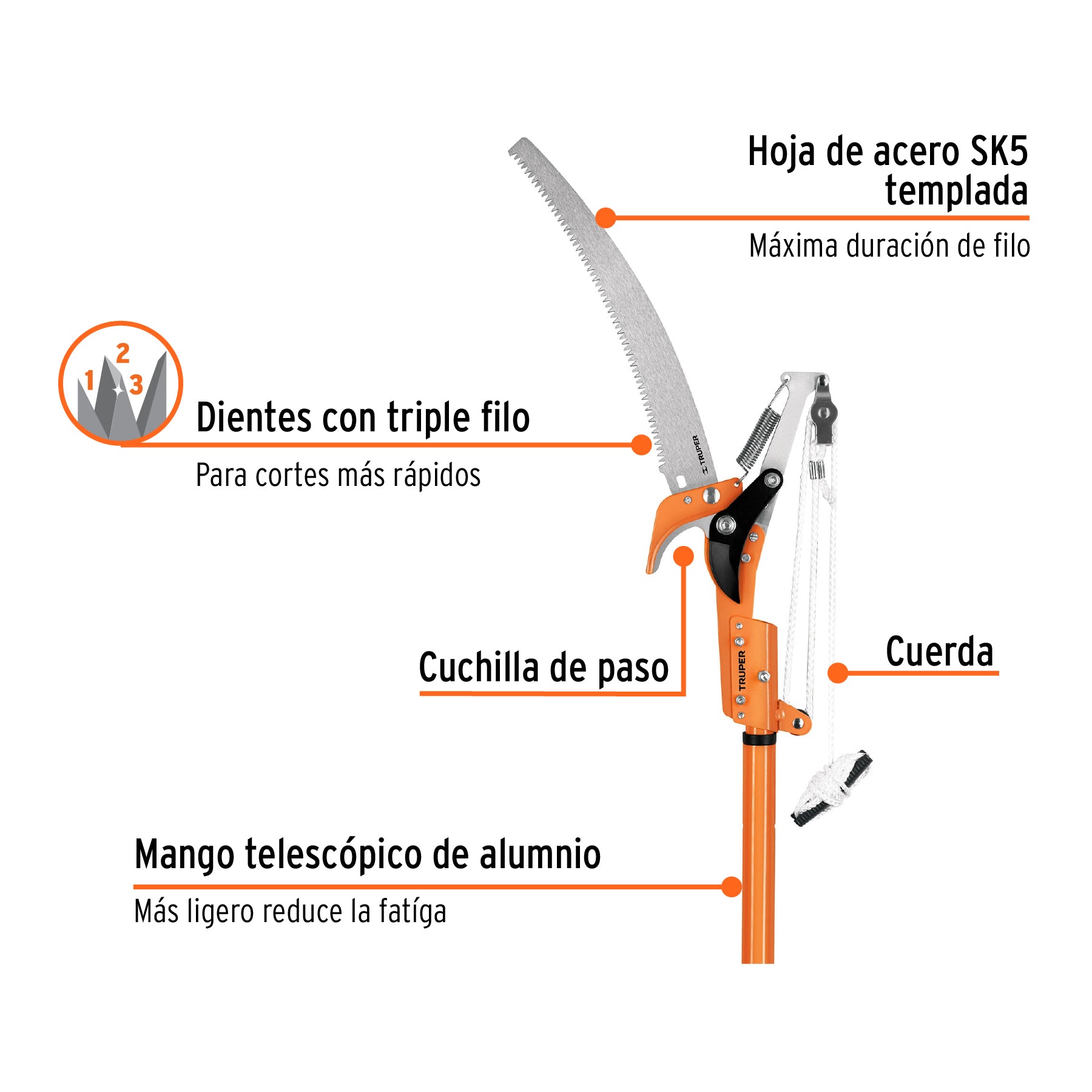 Cortador de ramas altas mango telescópico 2.4 m aluminio