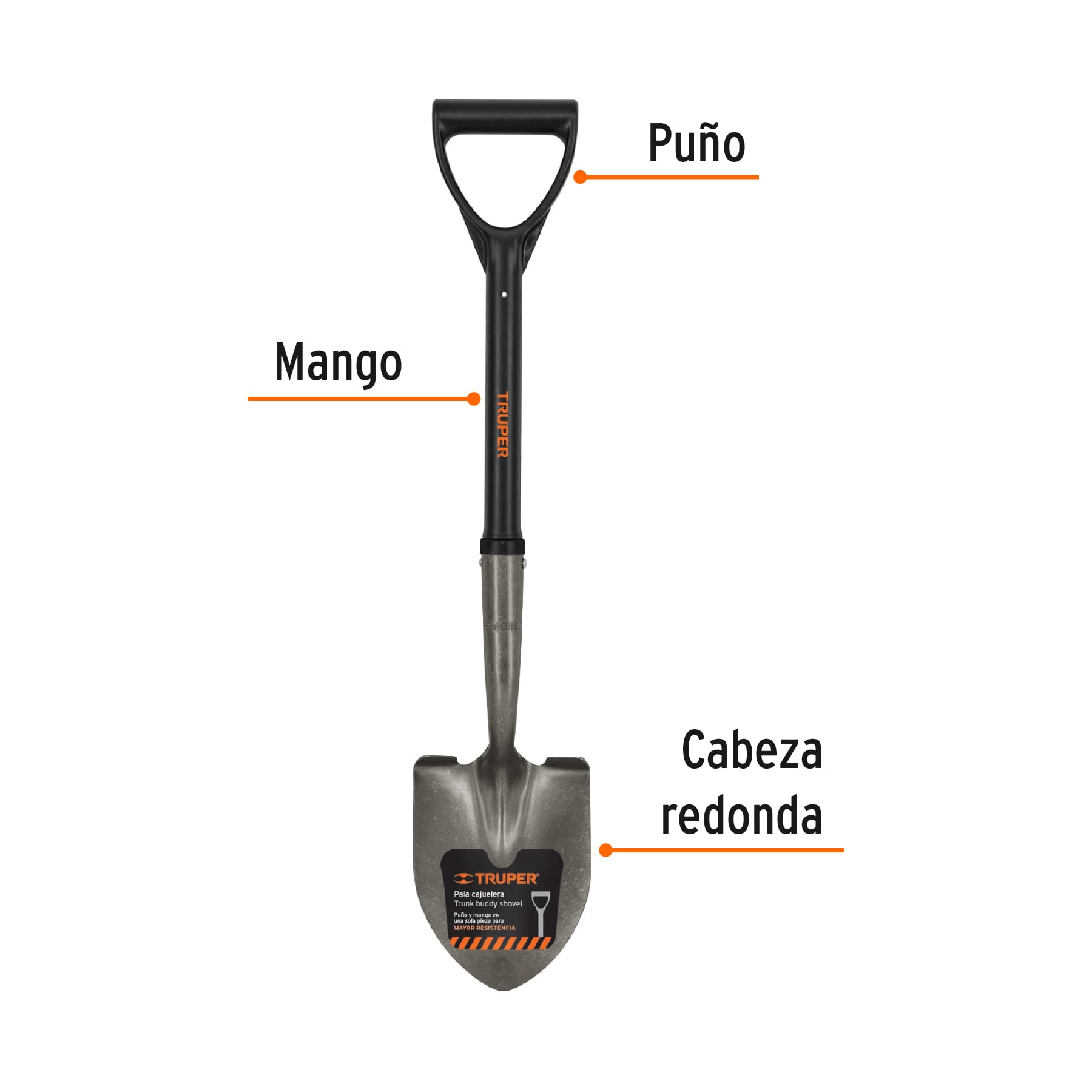 Pala cajuelera redonda, puño "D" con mango fibra de vidrio