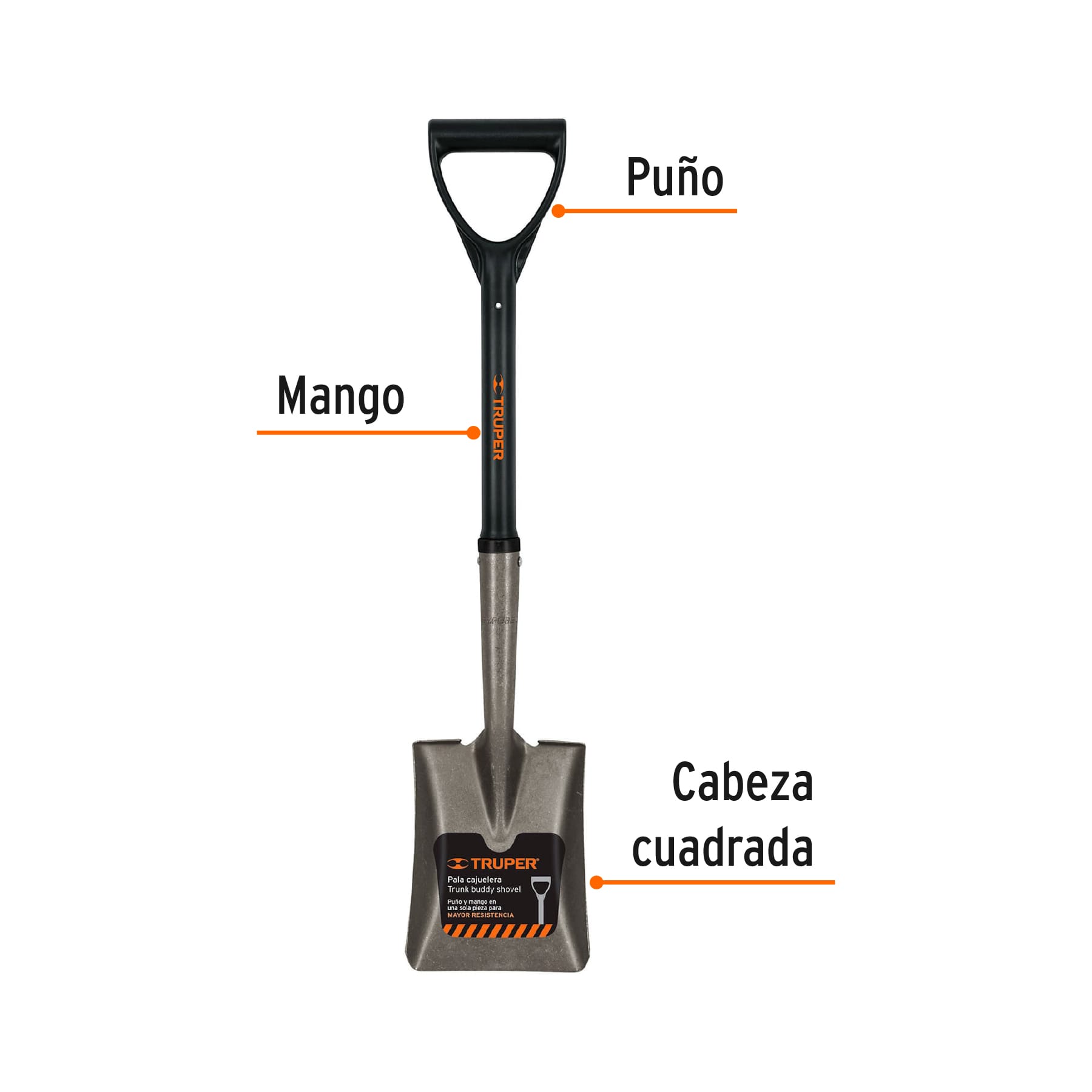 Pala cajuelera cuadrada, puño "D" con mango fibra de vidrio