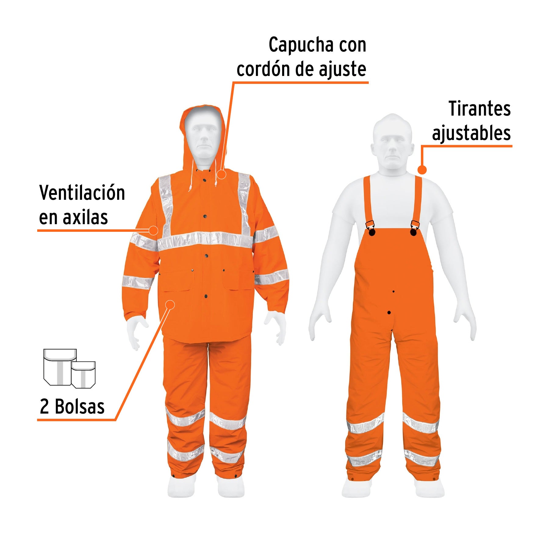 Conjunto impermeable doble capa naranja con reflejante, M