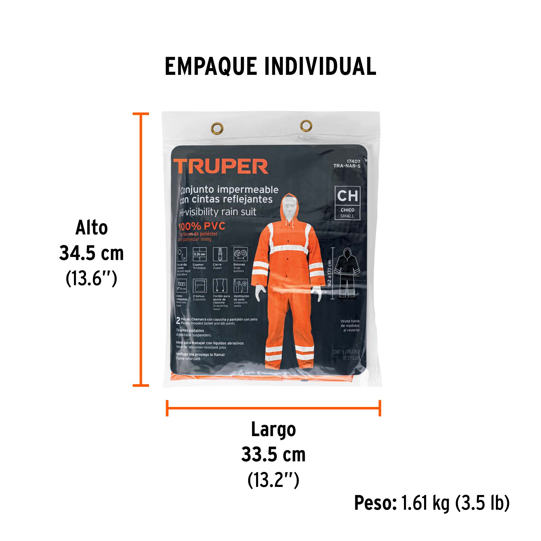 Conjunto impermeable doble capa naranja con reflejante, CH - Empaque