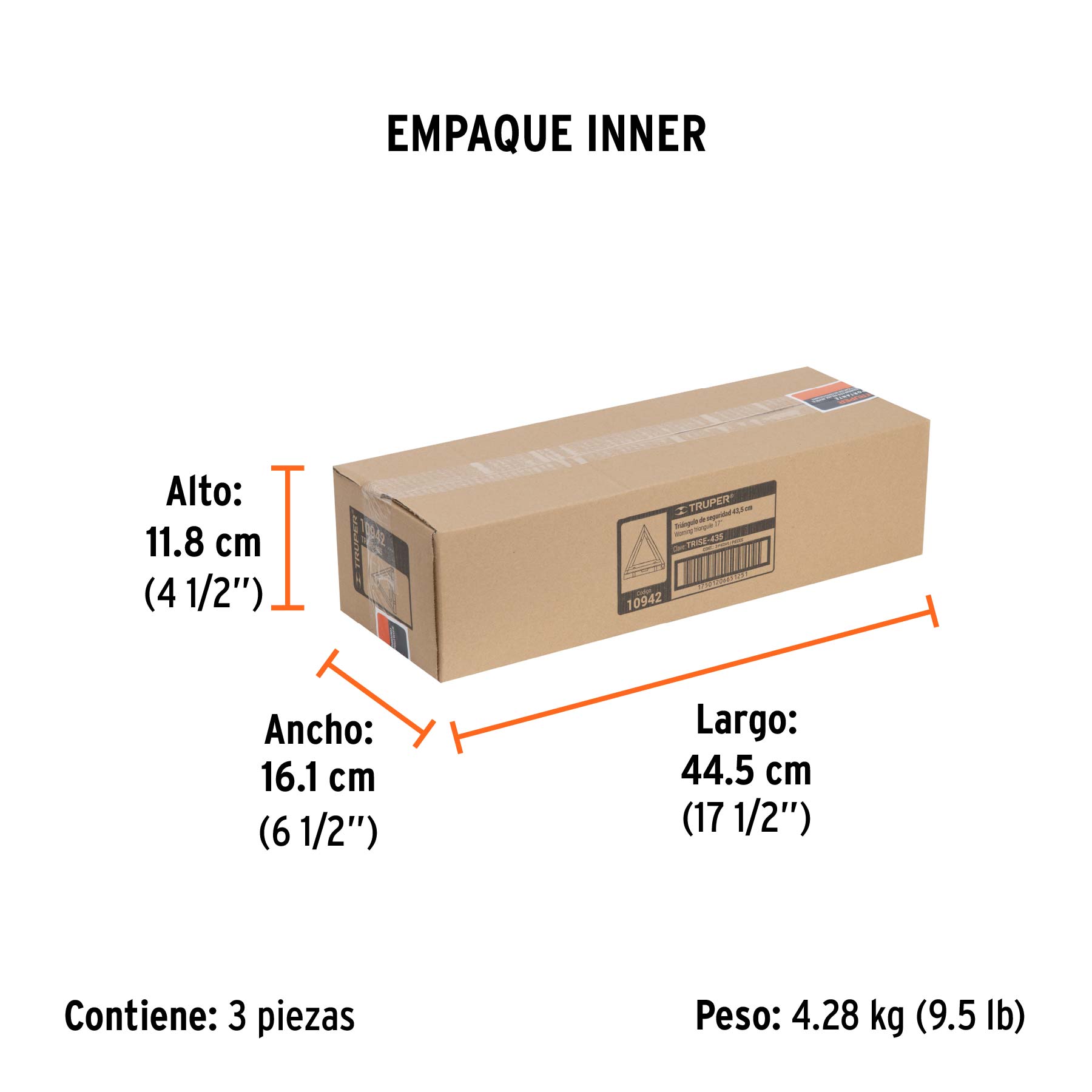 Triángulo de seguridad, 17", con estuche plástico, TRUPER - Empaque