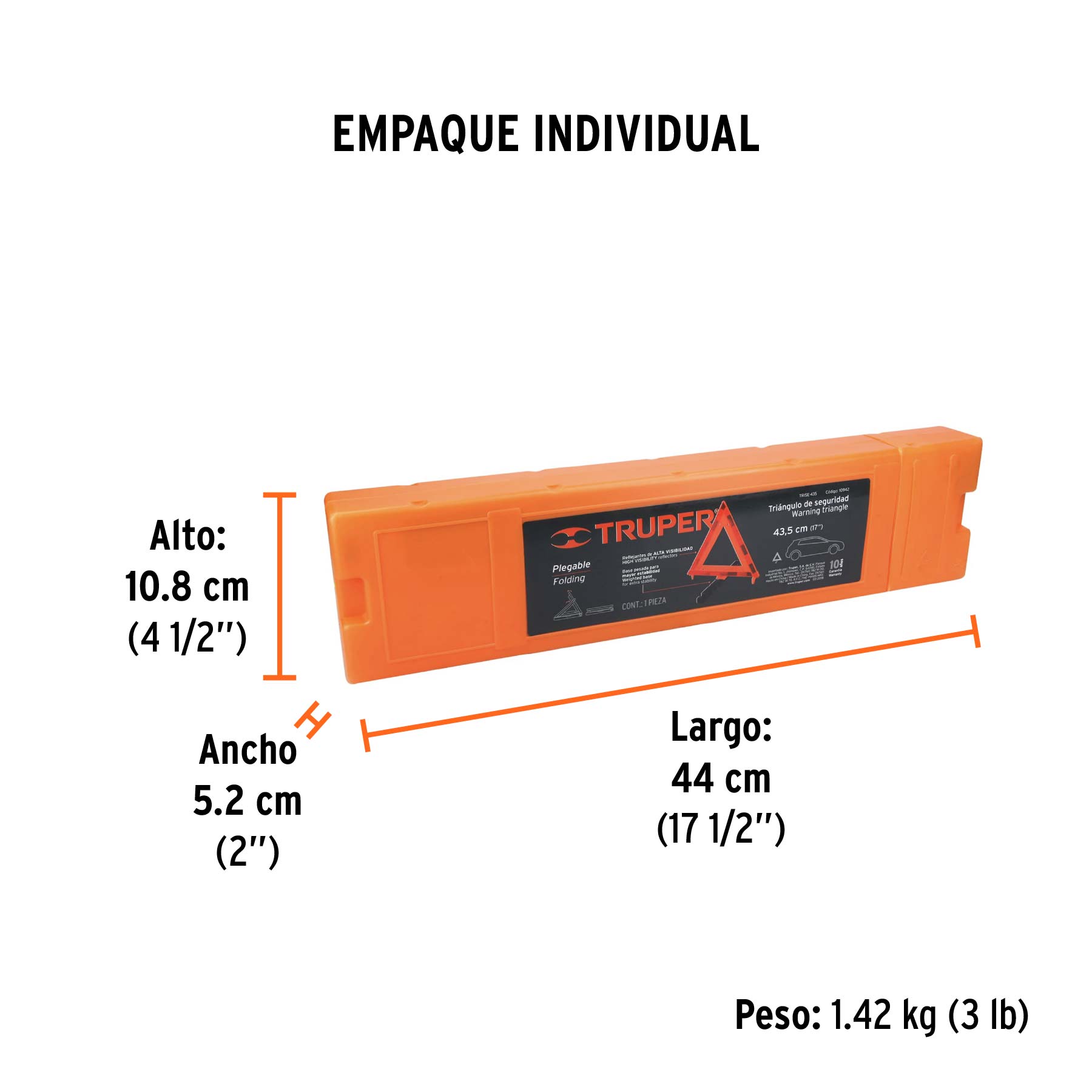 Triángulo de seguridad, 17", con estuche plástico, TRUPER - Empaque