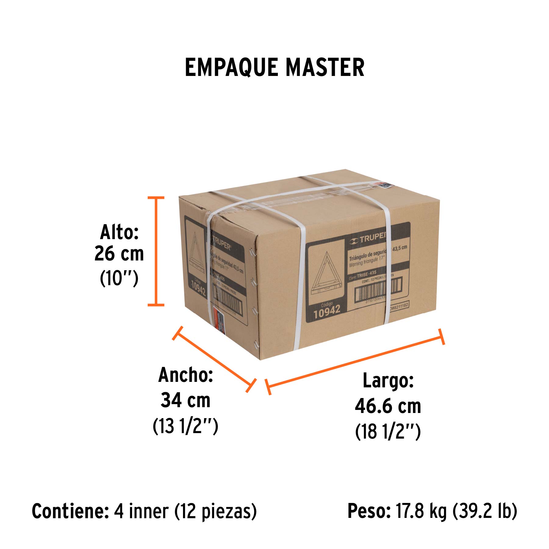 Triángulo de seguridad, 17", con estuche plástico, TRUPER - Empaque