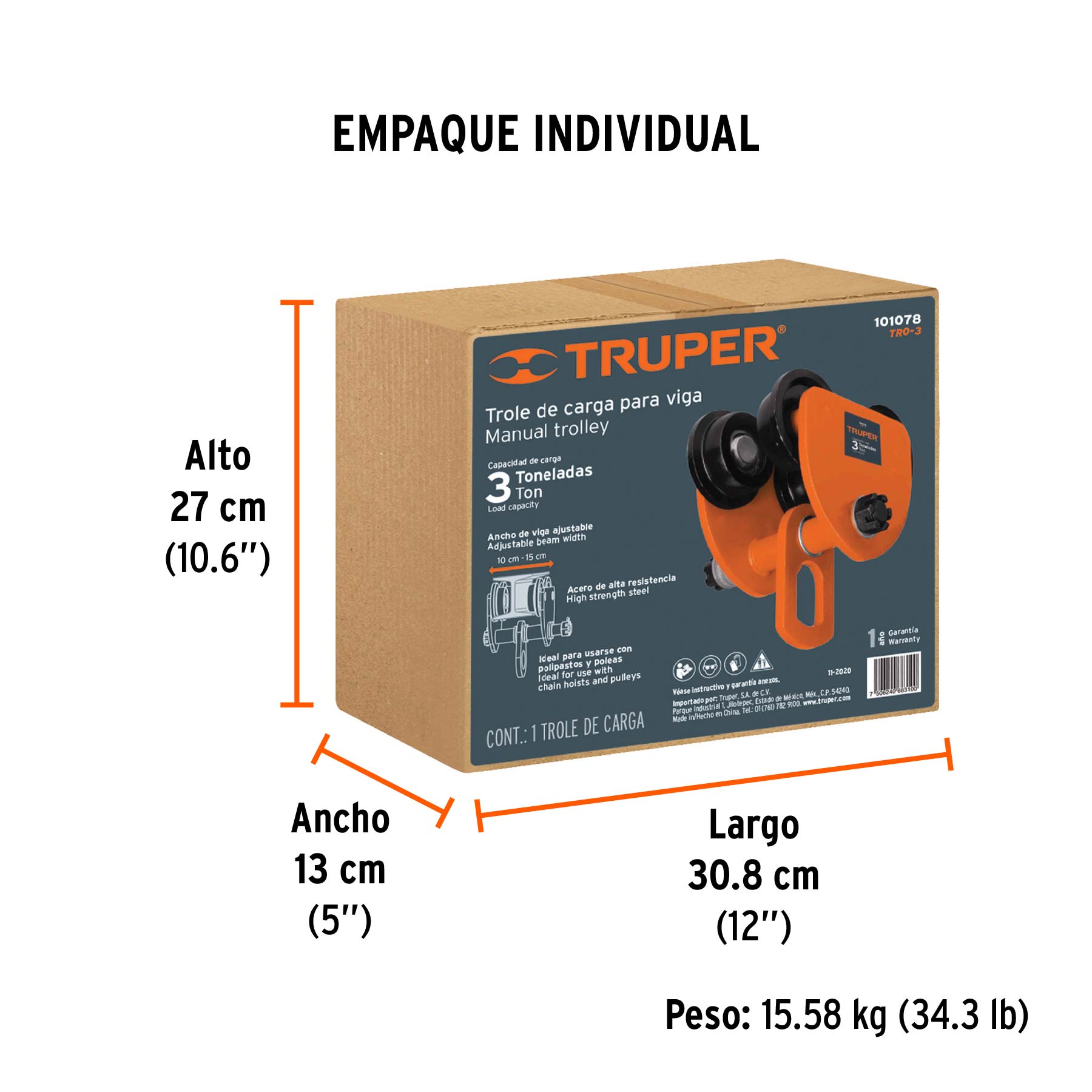 Trole de carga 3 ton para vigas IPS e IPR, ajustable, TRUPER - Empaque