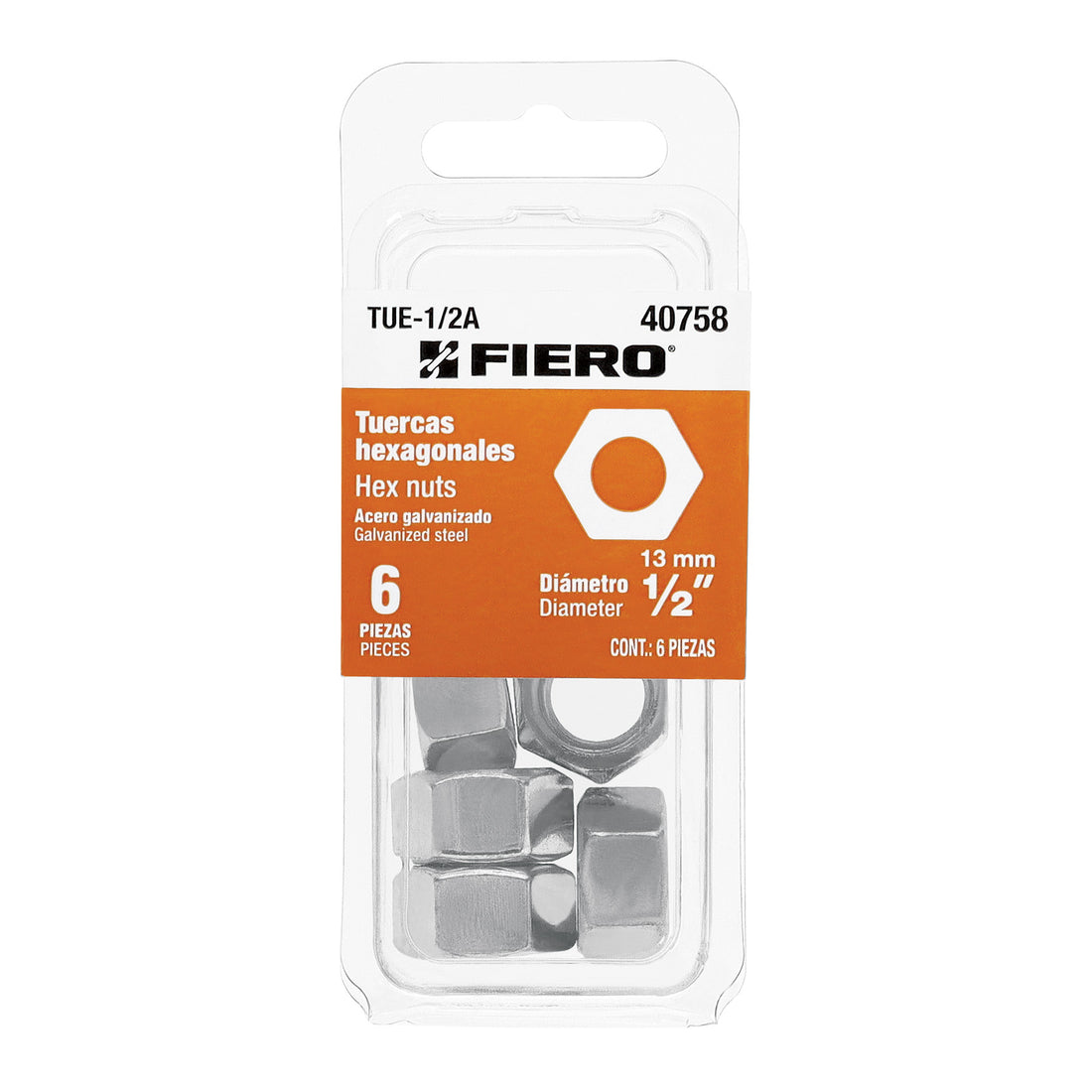 Blíster con 6 tuercas 1/2" hex de acero galvanizado, FIERO
