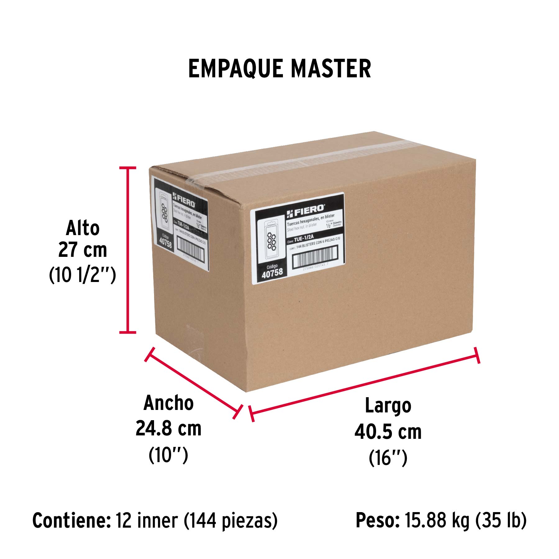 Blíster con 6 tuercas 1/2" hex de acero galvanizado, FIERO - Empaque