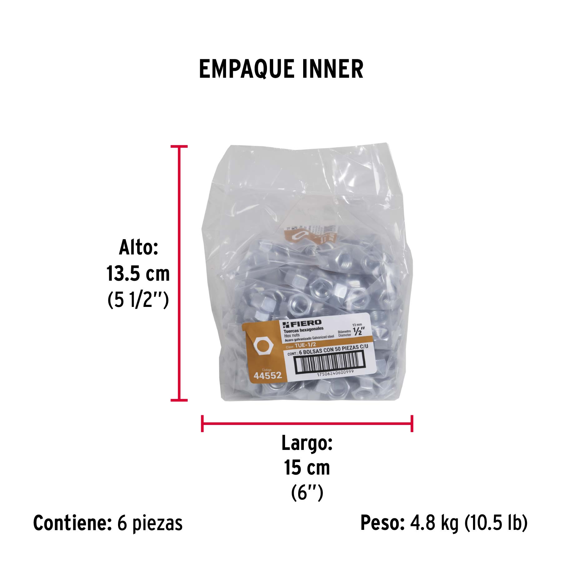 Bolsa con 50 tuercas 1/2" hexagonales de acero galvanizado - Empaque
