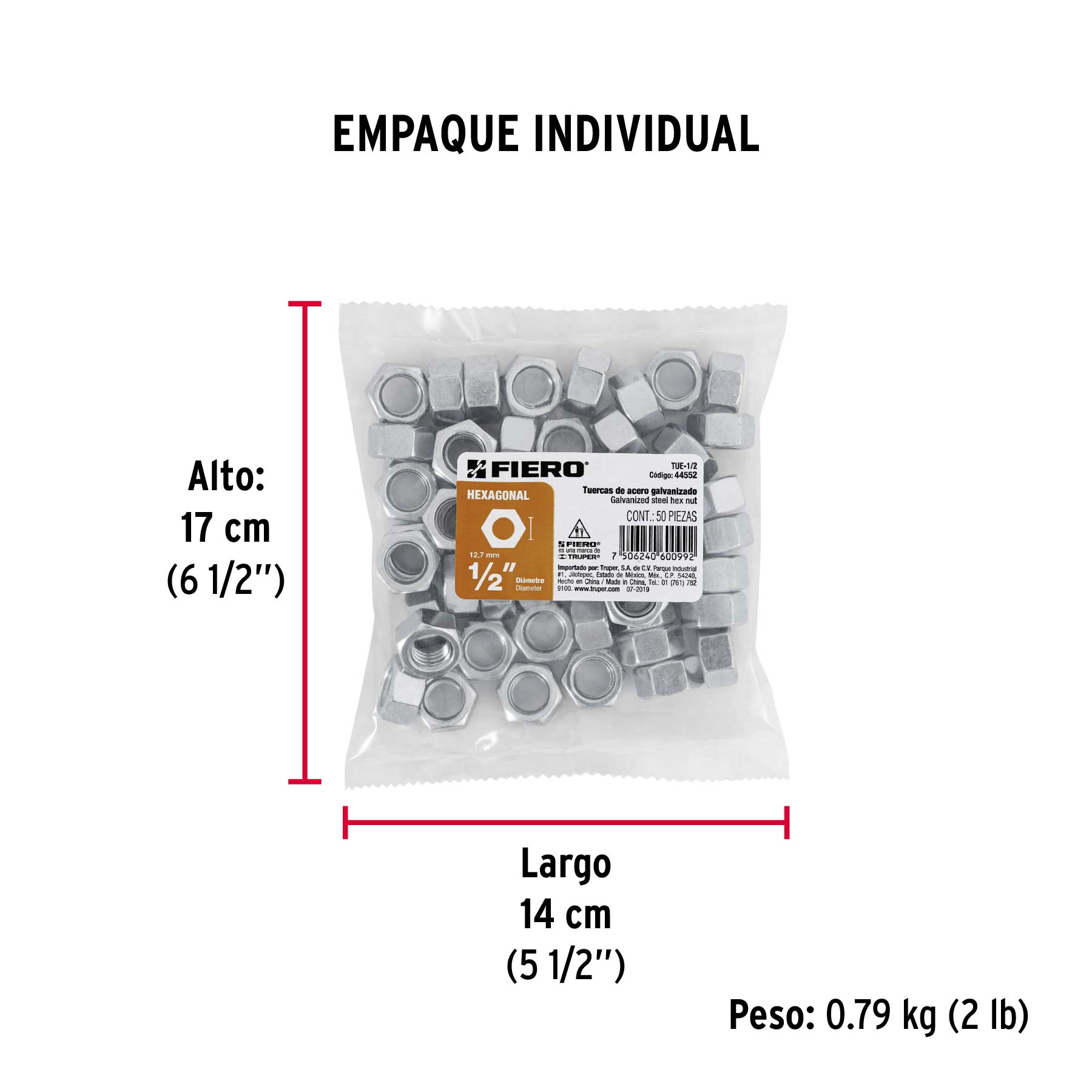 Bolsa con 50 tuercas 1/2" hexagonales de acero galvanizado - Empaque