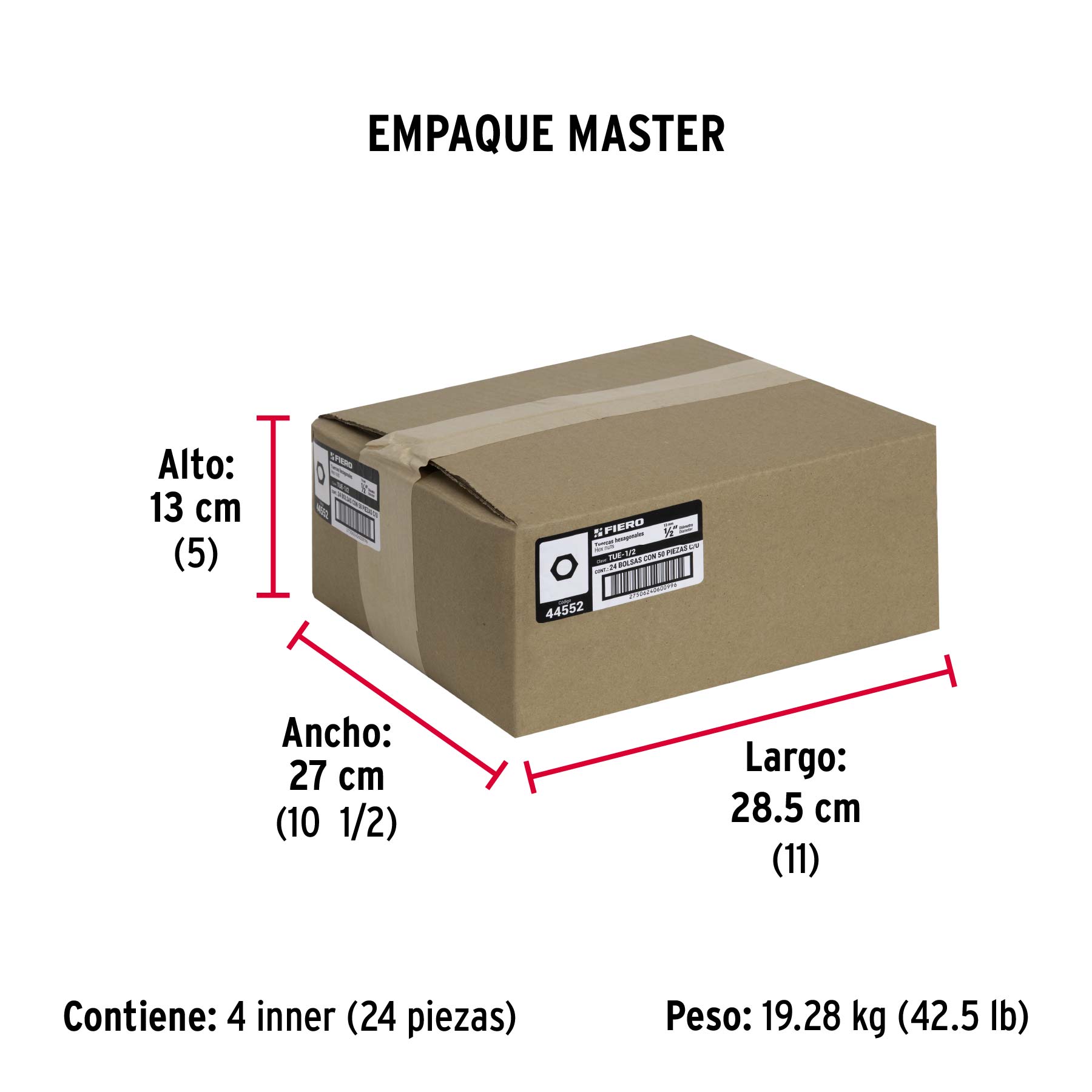 Bolsa con 50 tuercas 1/2" hexagonales de acero galvanizado - Empaque